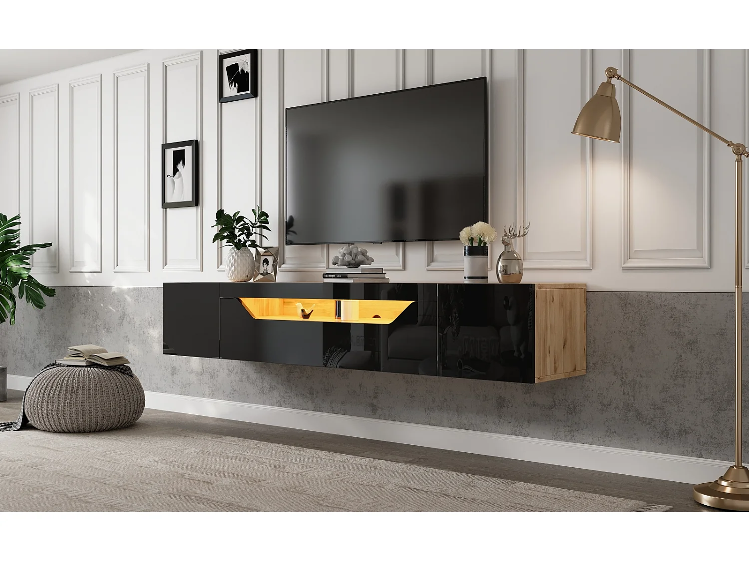 Móvel de parede baixo e brilhante para TV com iluminação LED - Com porta dobrável - Prateleira de parede de 180 cm - Preto