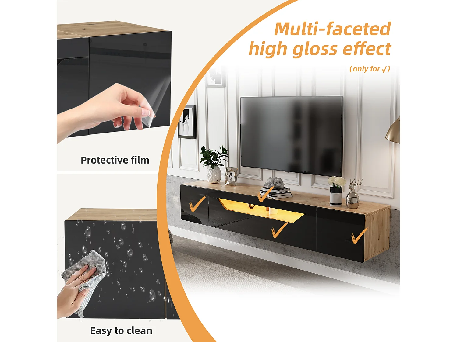 Móvel de parede baixo e brilhante para TV com iluminação LED - Com porta dobrável - Prateleira de parede de 180 cm - Preto