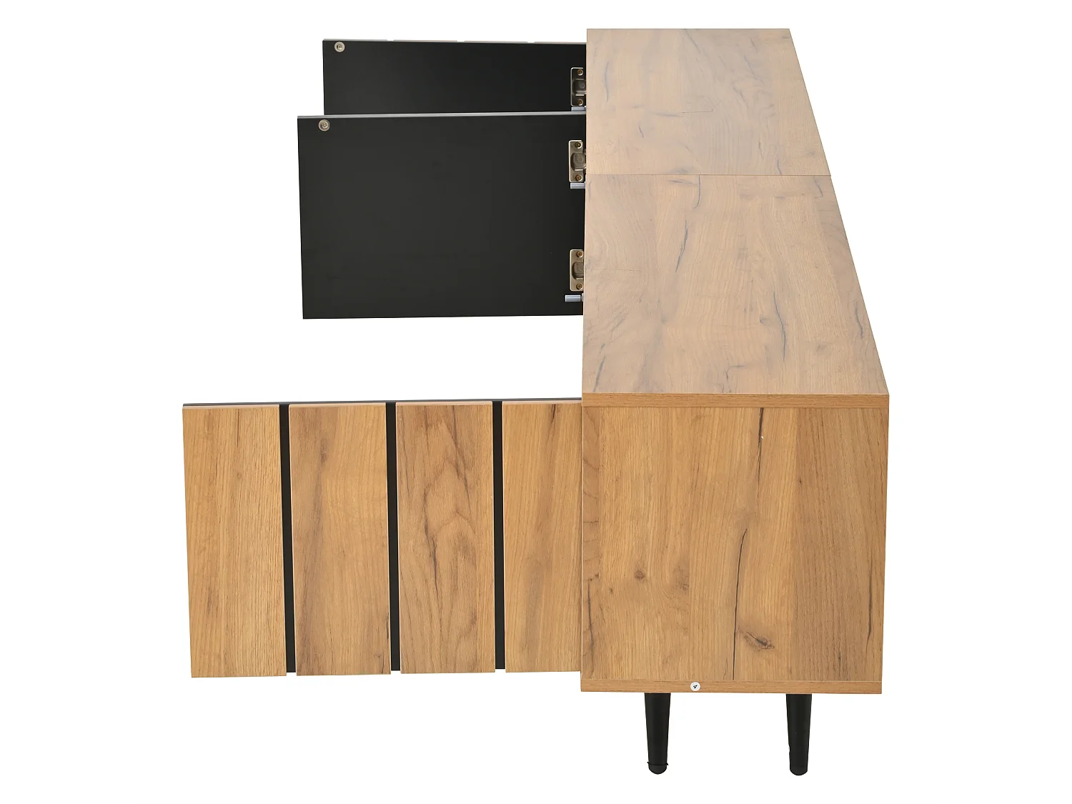 Suporte de TV de madeira, marrom e preto, com portas e compartimentos abertos, suporte de TV baixo