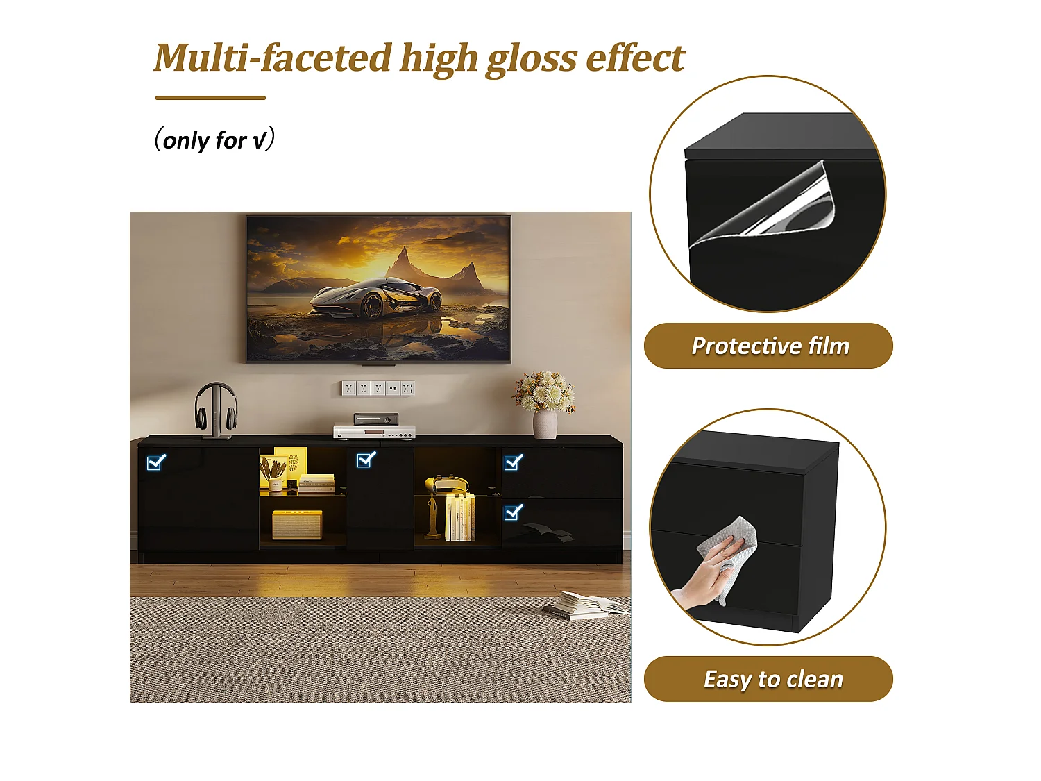 Móvel para TV 160 × 40 × 52 cm, laqueado em preto, com iluminação LED, aparador e mesa lateral, para TVs de até 65 polegadas, para sala de estar.