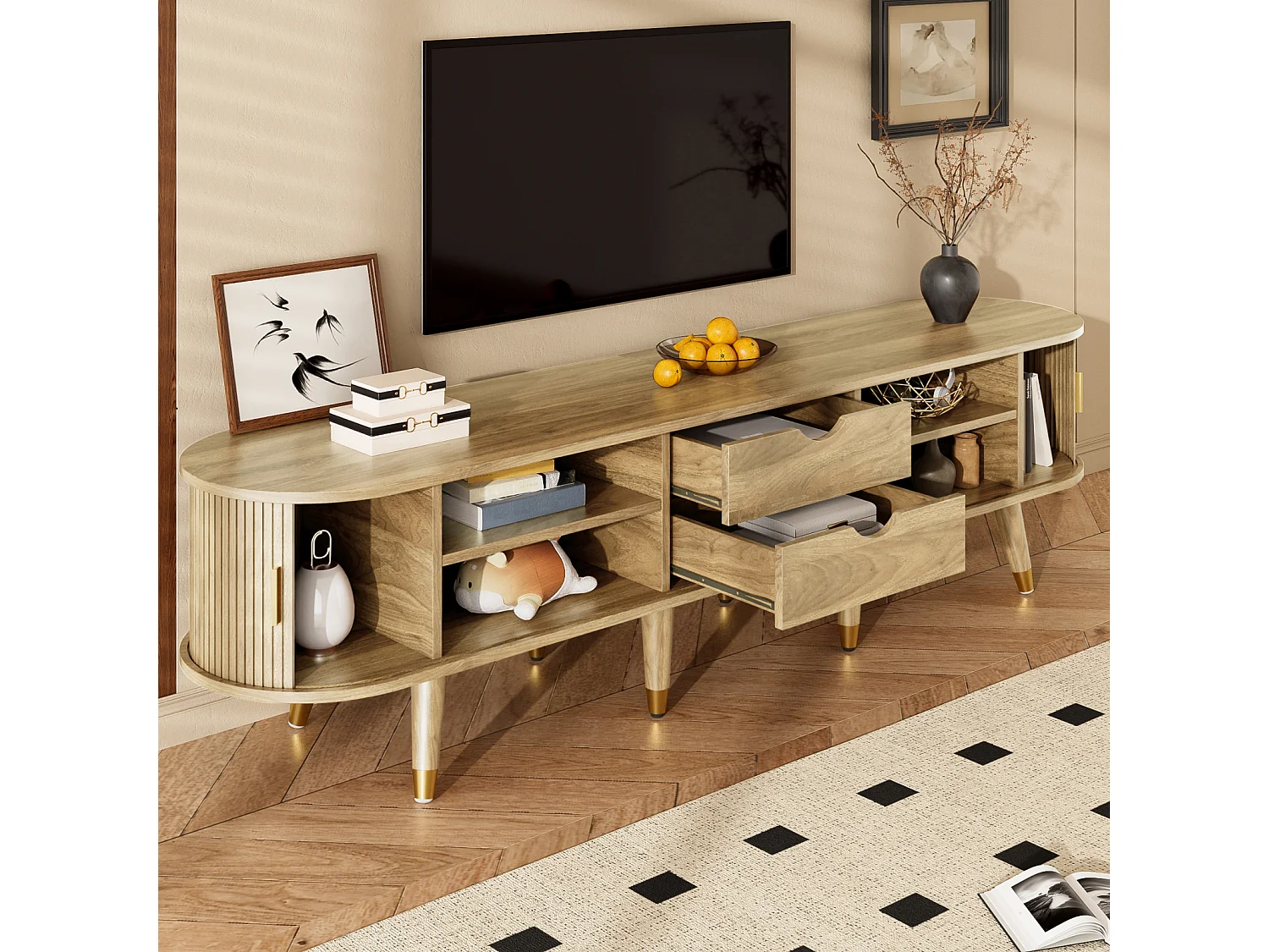 Mobile porta TV moderno con ante scorrevoli e spazio di archiviazione, con 2 cassetti, rovere