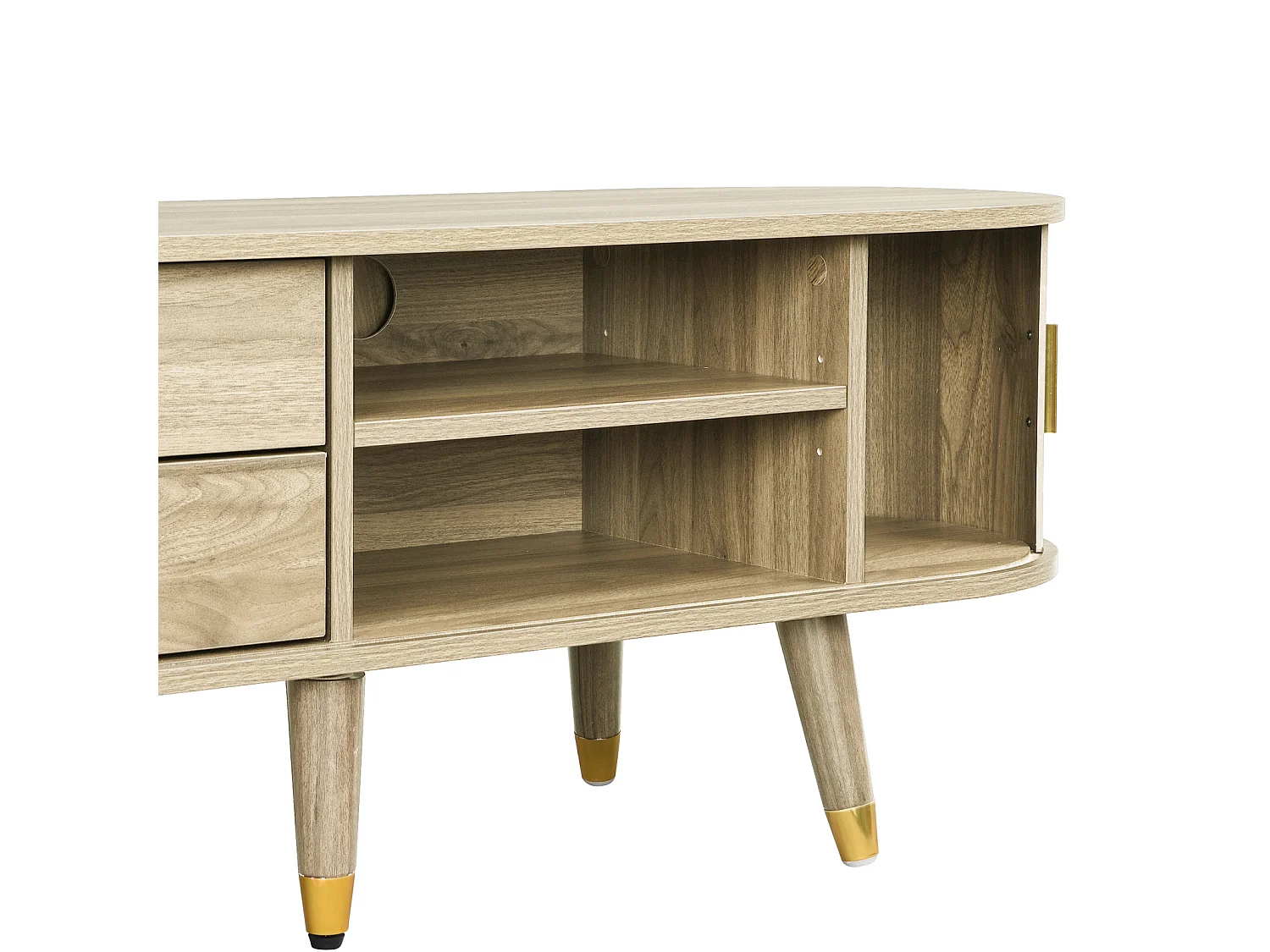 Mobile porta TV moderno con ante scorrevoli e spazio di archiviazione, con 2 cassetti, rovere