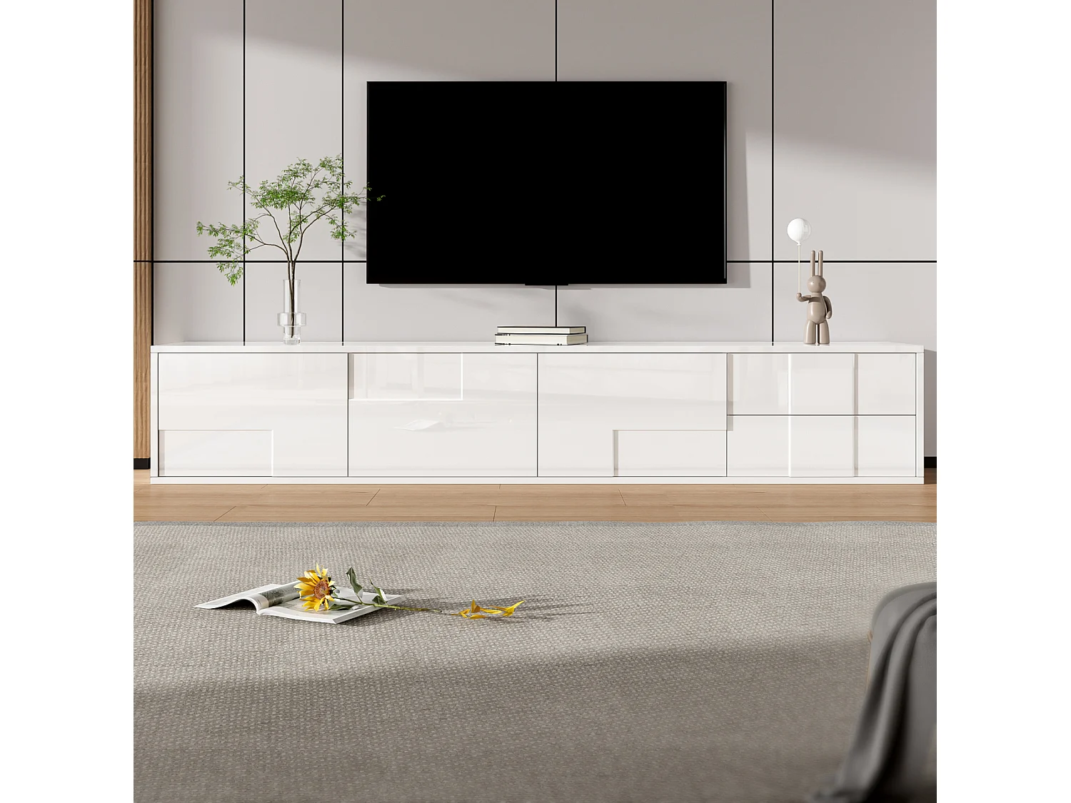 Meuble TV moderne blanc 170 cm, flottant ou posé, sans poignées avec 3 portes et 2 tiroirs