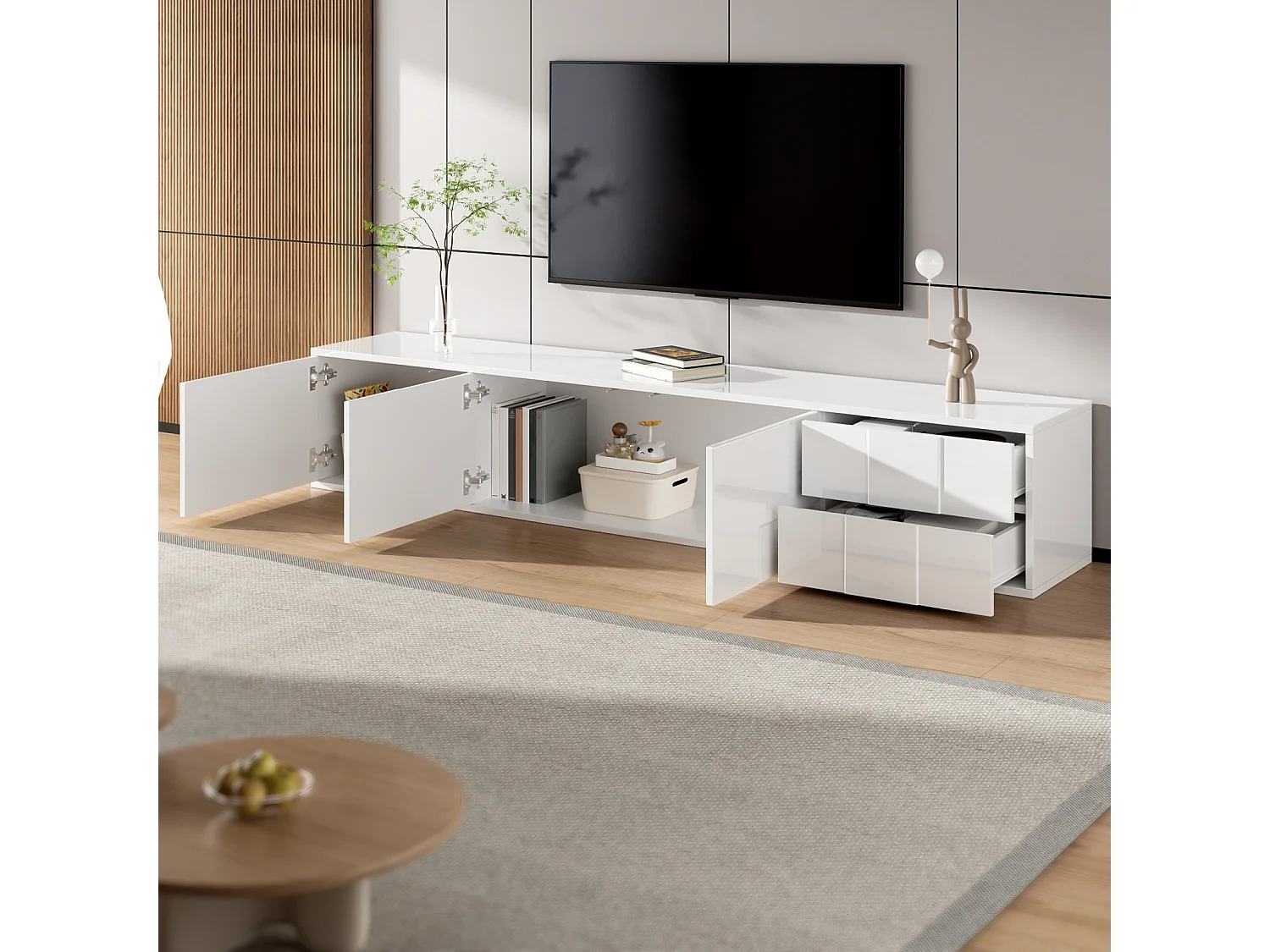 Meuble TV moderne blanc 170 cm, flottant ou posé, sans poignées avec 3 portes et 2 tiroirs