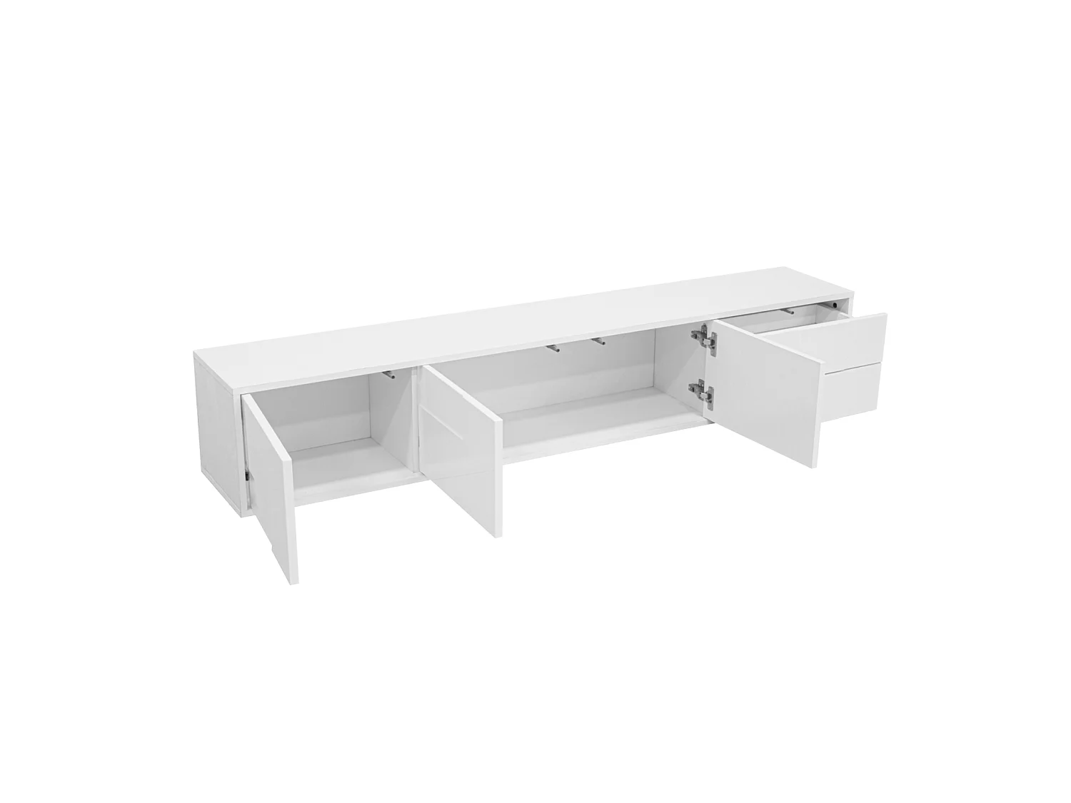 Meuble TV moderne blanc 170 cm, flottant ou posé, sans poignées avec 3 portes et 2 tiroirs