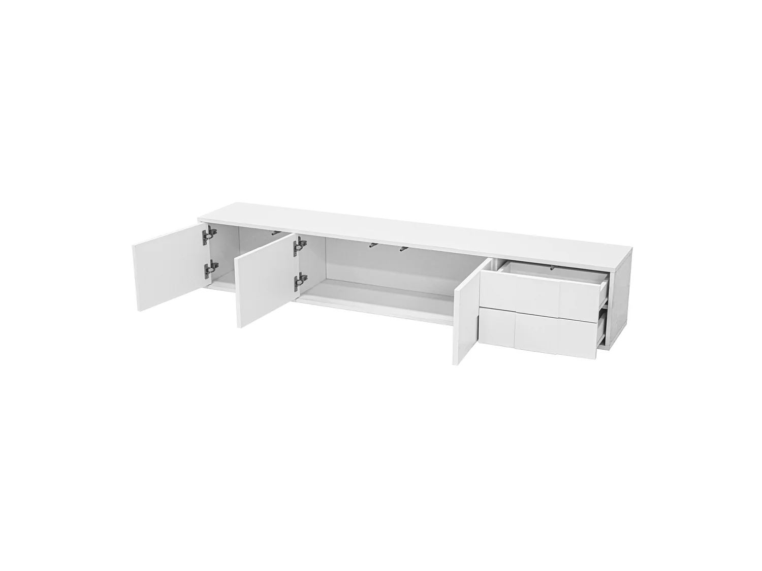 Meuble TV moderne blanc 170 cm, flottant ou posé, sans poignées avec 3 portes et 2 tiroirs