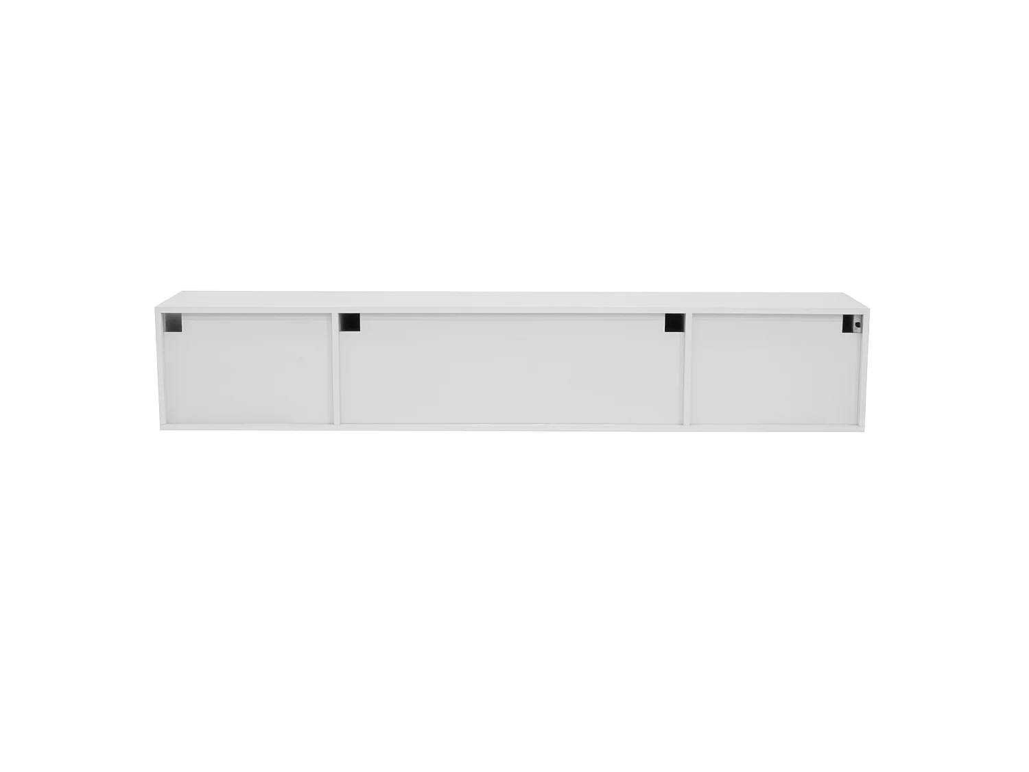 Meuble TV moderne blanc 170 cm, flottant ou posé, sans poignées avec 3 portes et 2 tiroirs
