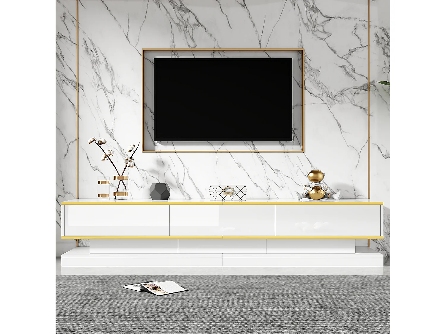 Meuble TV bas moderne avec 3 tiroirs et compartiments ouverts – Surface brillante – bords dorés