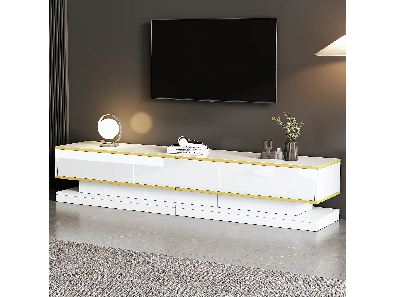 Meuble TV bas moderne avec 3 tiroirs et compartiments ouverts – Surface brillante – bords dorés