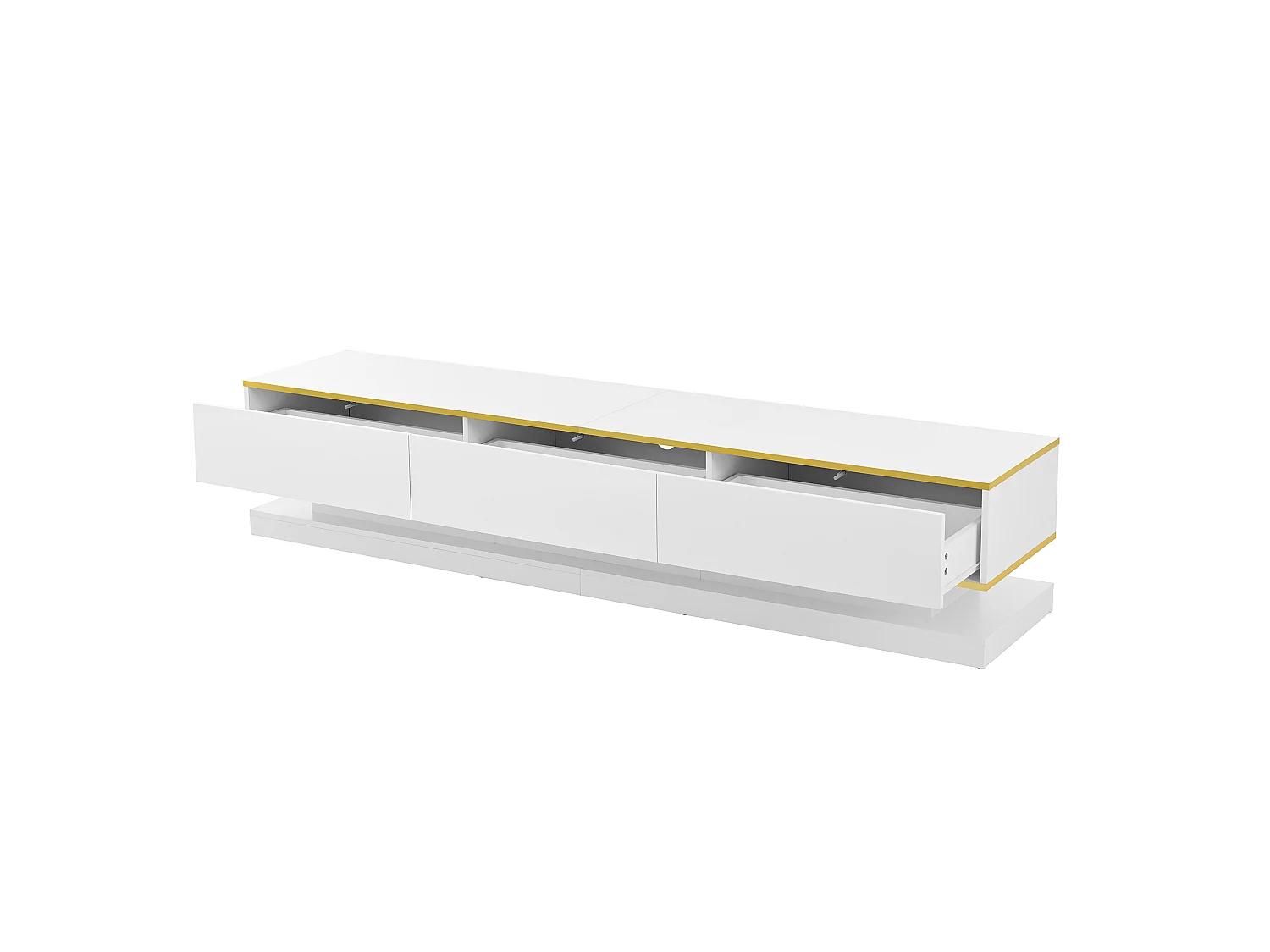 Meuble TV bas moderne avec 3 tiroirs et compartiments ouverts – Surface brillante – bords dorés