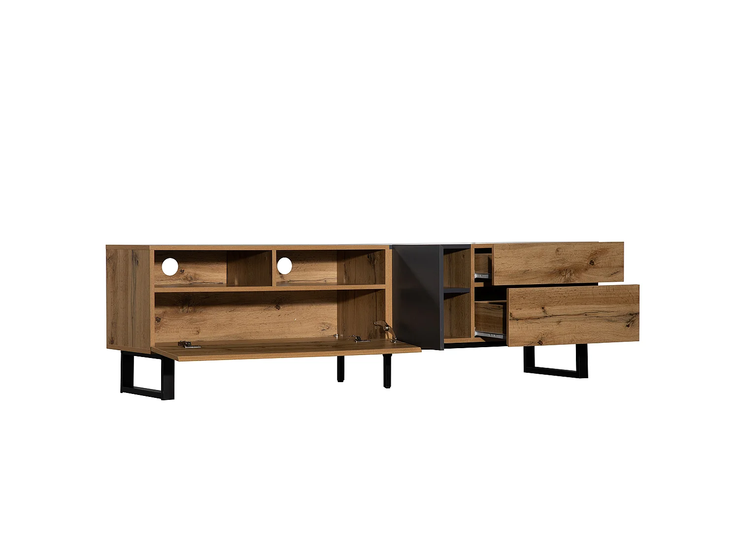 Mueble TV bajo estilo retro industrial, 180 cm, mueble TV con 2 puertas y 2 cajones, color negro y madera