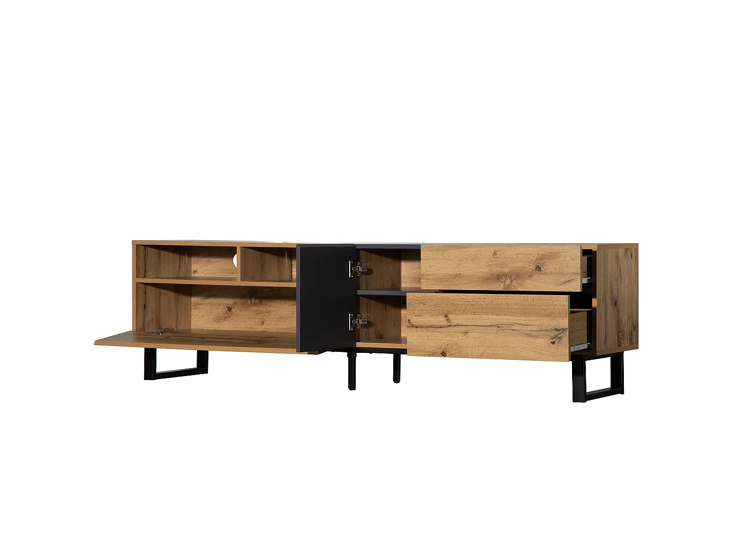 Mueble TV bajo estilo retro industrial, 180 cm, mueble TV con 2 puertas y 2 cajones, color negro y madera