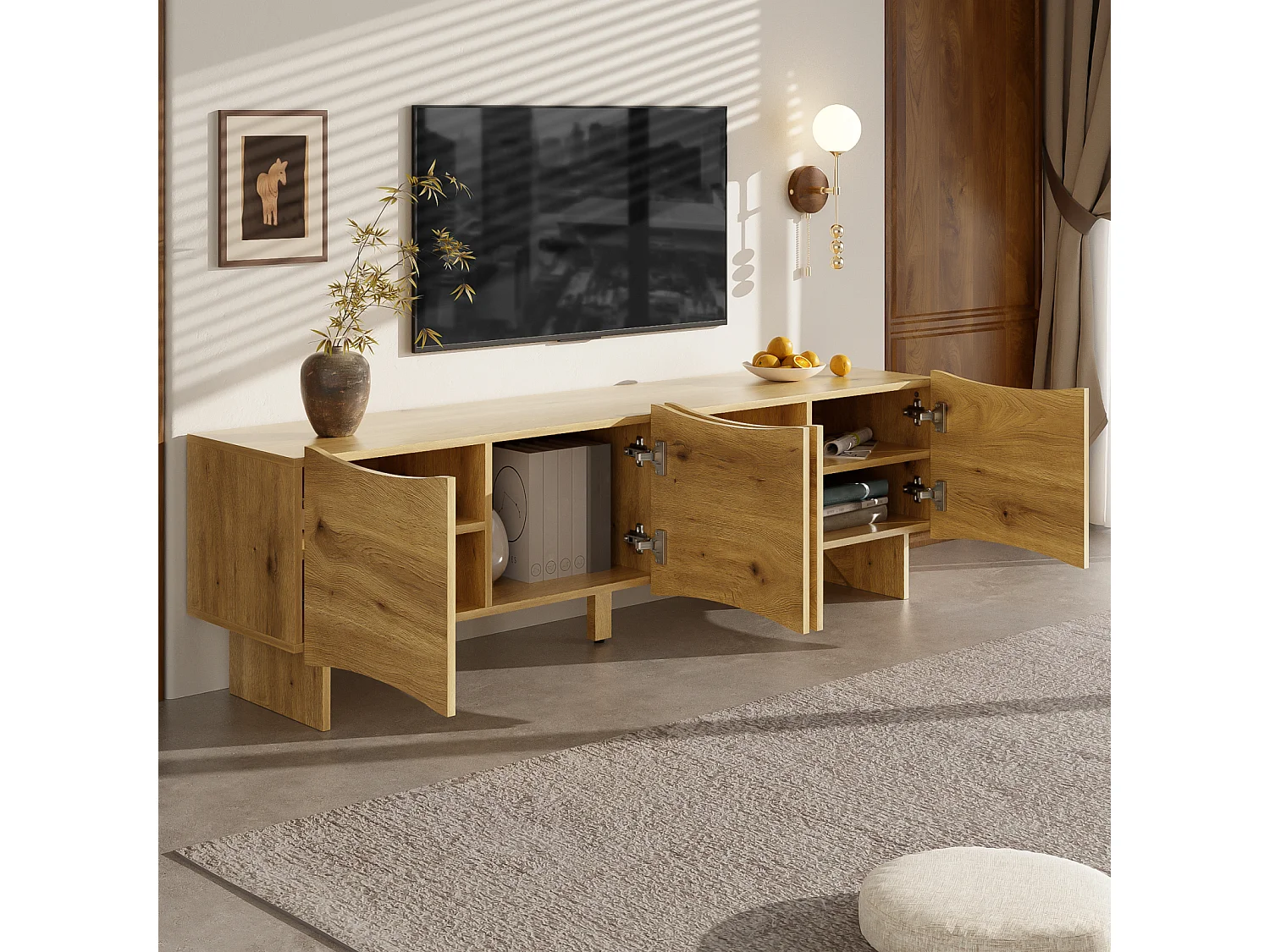 Móvel de TV moderno com padrão ondulado – console multimídia de 155 cm com espaço para armazenamento, quatro portas, madeira.
