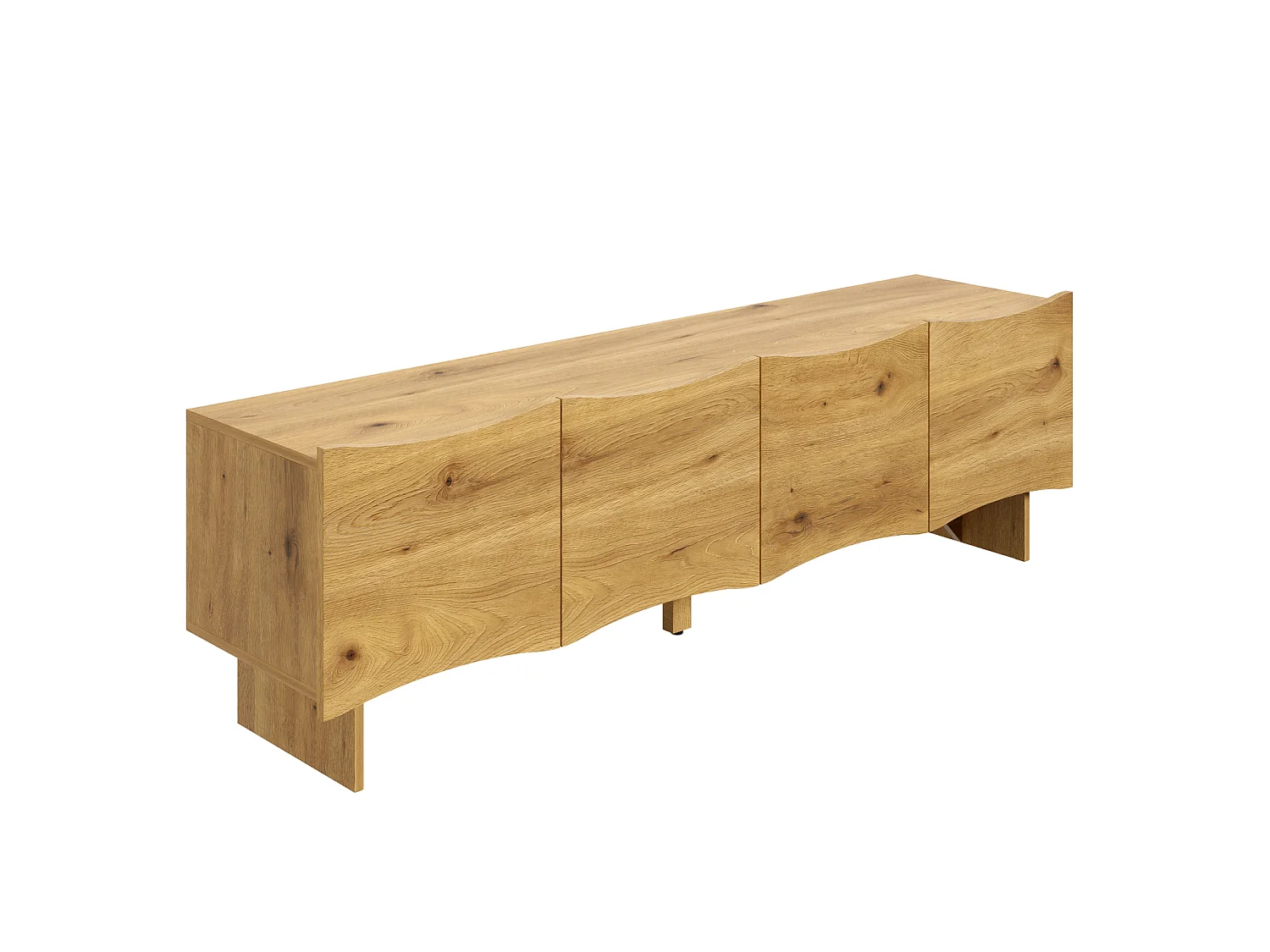 Móvel de TV moderno com padrão ondulado – console multimídia de 155 cm com espaço para armazenamento, quatro portas, madeira.