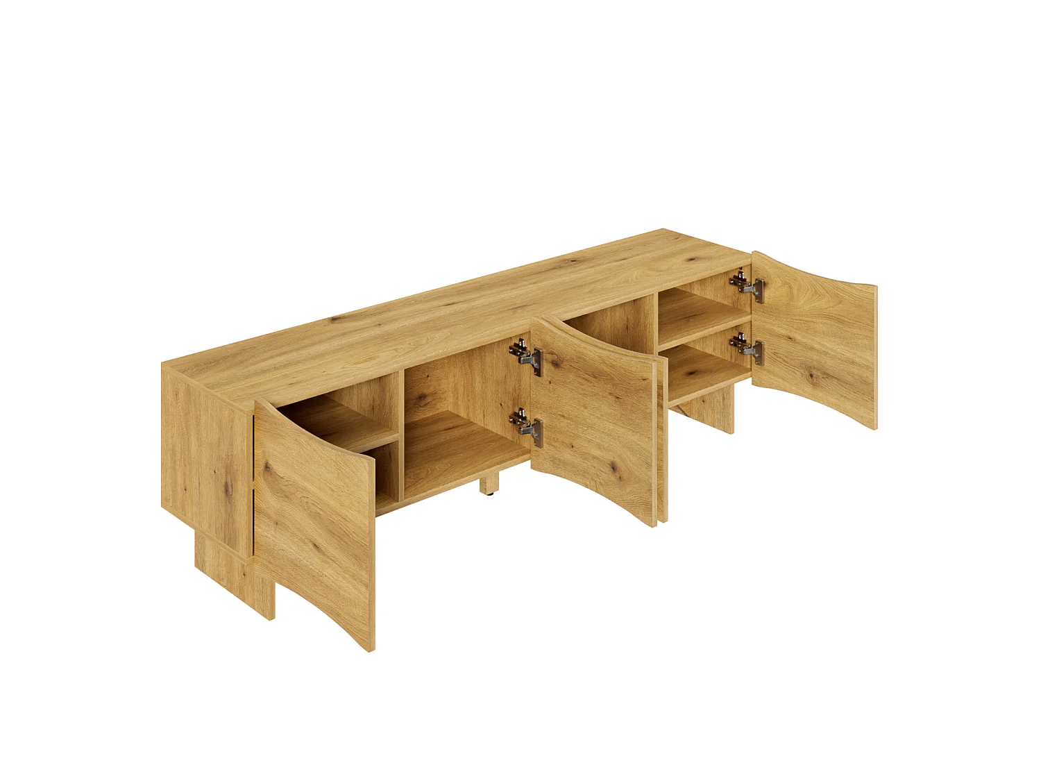 Móvel de TV moderno com padrão ondulado – console multimídia de 155 cm com espaço para armazenamento, quatro portas, madeira.
