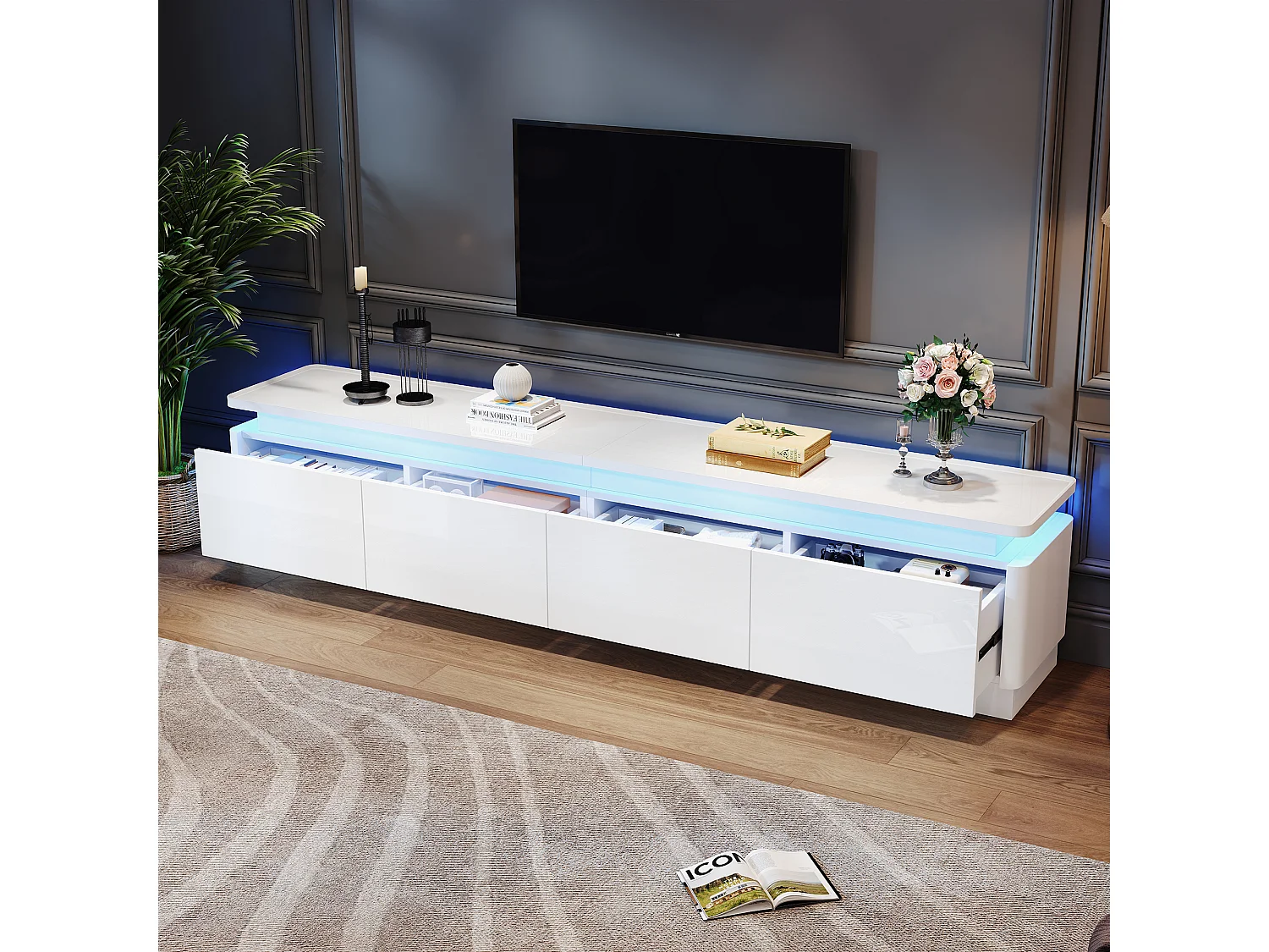 Meuble TV 180 cm blanc brillant avec LED, 4 tiroirs, lowboard moderne pour TV jusqu’à 80"