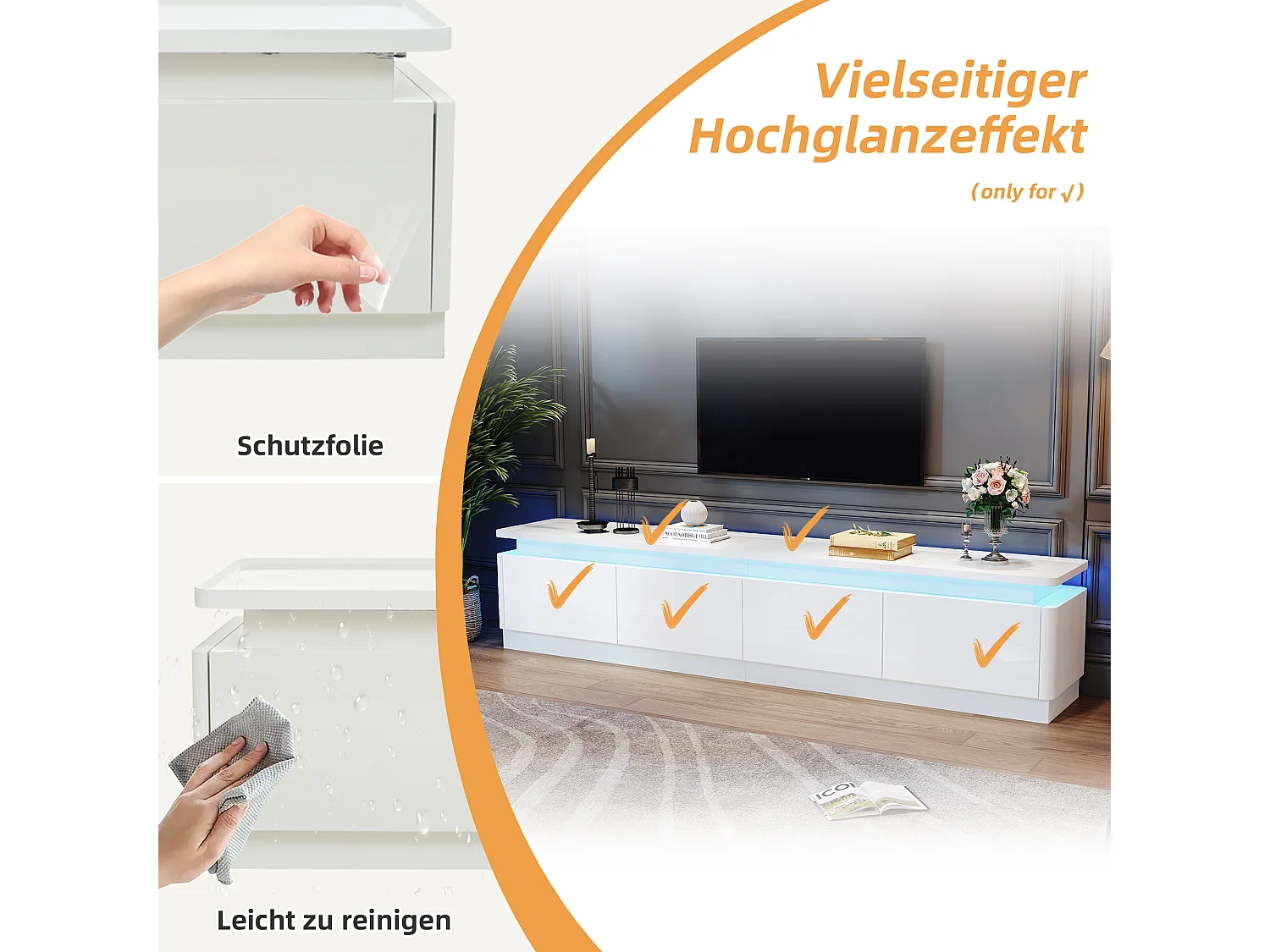 Meuble TV 180 cm blanc brillant avec LED, 4 tiroirs, lowboard moderne pour TV jusqu’à 80"