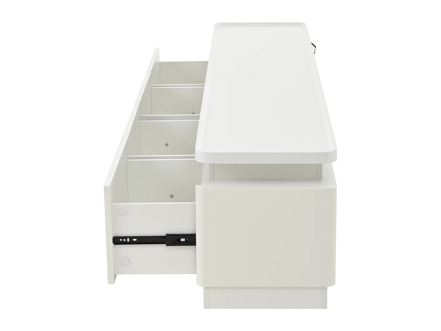 Meuble TV 180 cm blanc brillant avec LED, 4 tiroirs, lowboard moderne pour TV jusqu’à 80"