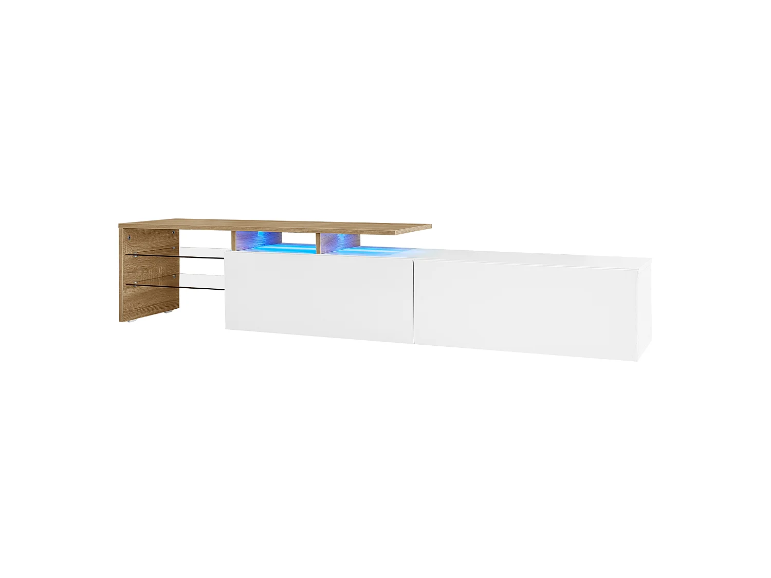 Móvel de TV moderno com iluminação LED, cômoda com espaço para armazenamento, prateleiras de vidro, 170x33x33,5cm, Branco