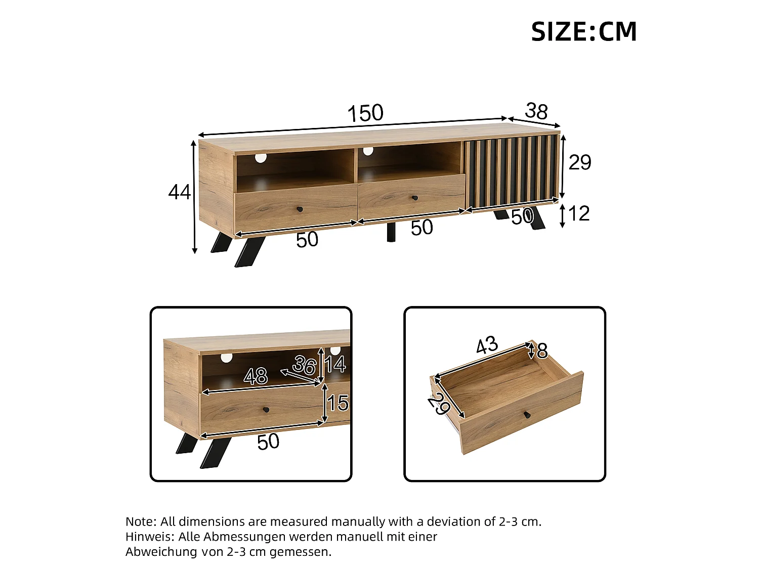 Meuble TV 150 x 38 x 44 cm, petit support TV, avec 2 tiroirs, lowboard avec une armoire,couleur bois