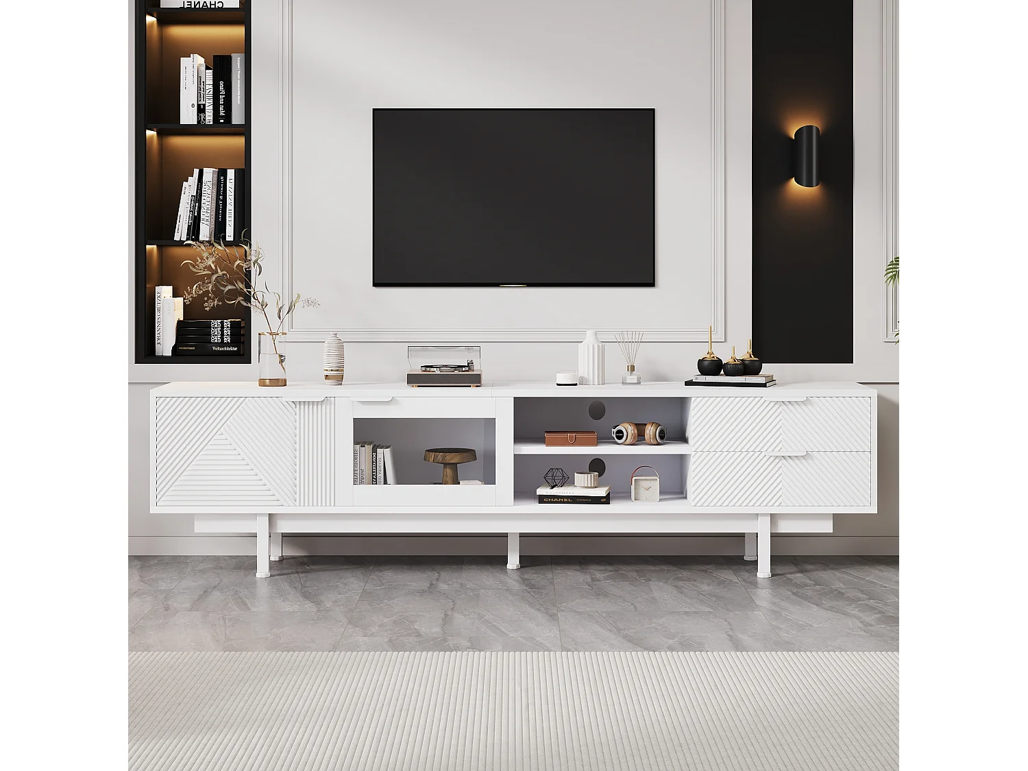 Meuble TV bohème avec espace de rangement, portes d'armoire minimalistes, 200 x 40 x 51 cm, blanc