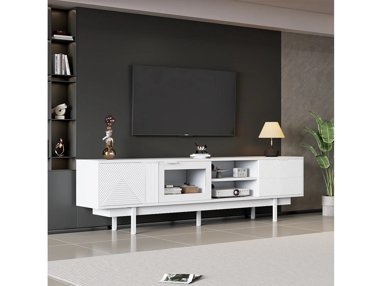 Meuble TV bohème avec espace de rangement, portes d'armoire minimalistes, 200 x 40 x 51 cm, blanc