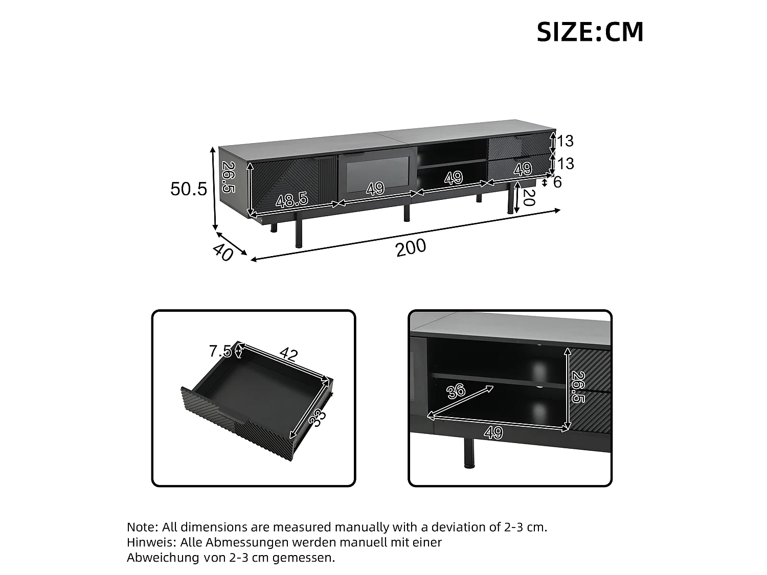 Móvel de TV estilo boêmio com espaço de armazenamento, portas de armário minimalistas, 200 x 40 x 51 cm, preto.