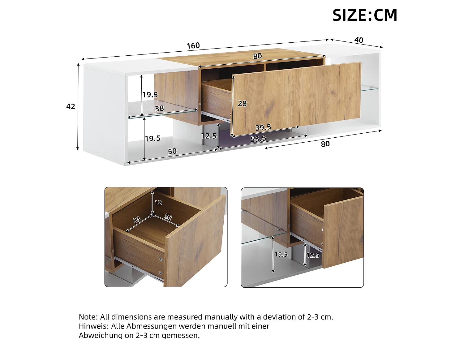 Meuble TV 160 x 40 x 42 cm, Console TV Moderne avec Plateau de Rangement en Verre et 2 tiroirs,Blanc