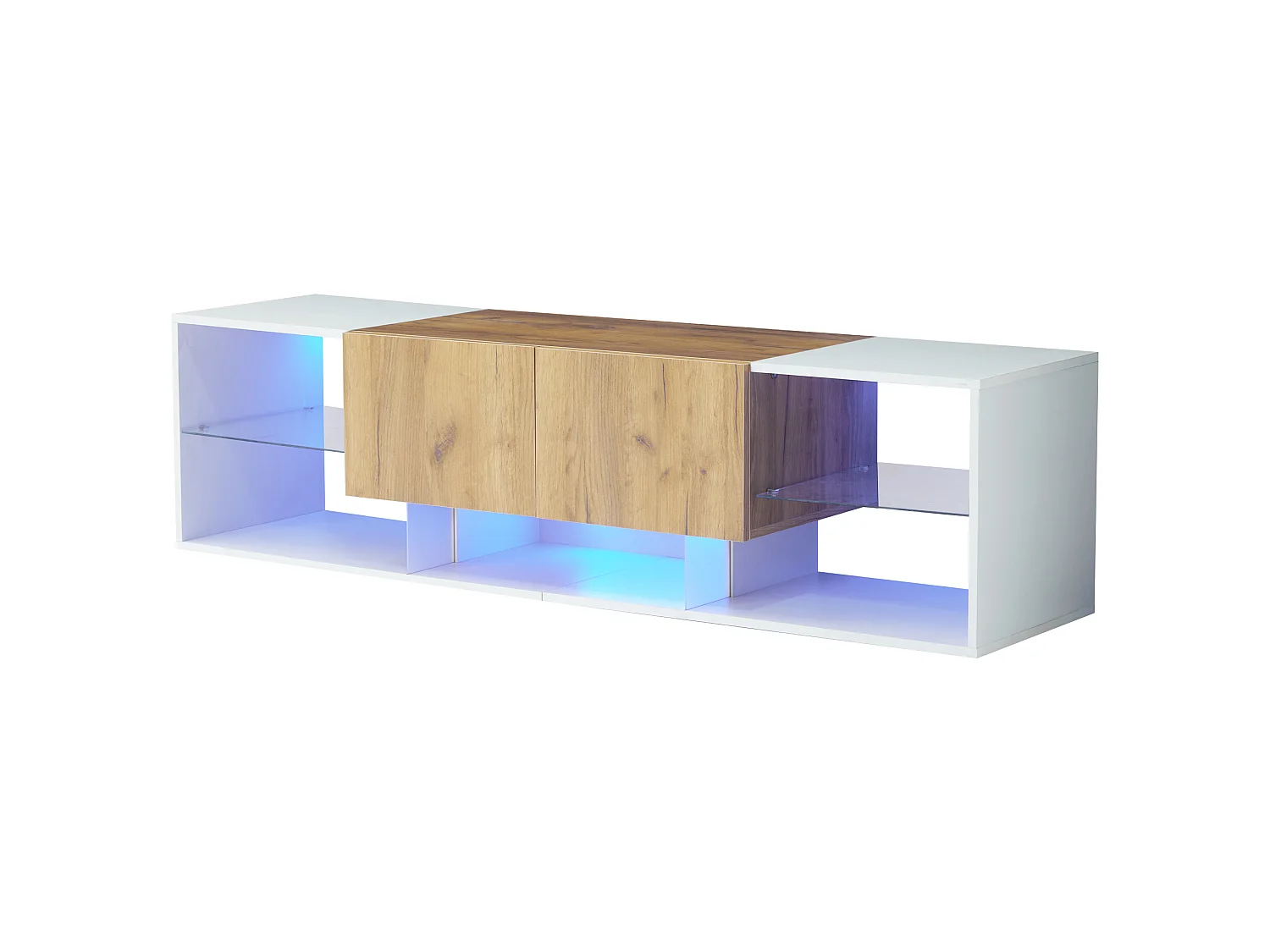 Meuble TV 160 x 40 x 42 cm, Console TV Moderne avec Plateau de Rangement en Verre et 2 tiroirs,Blanc