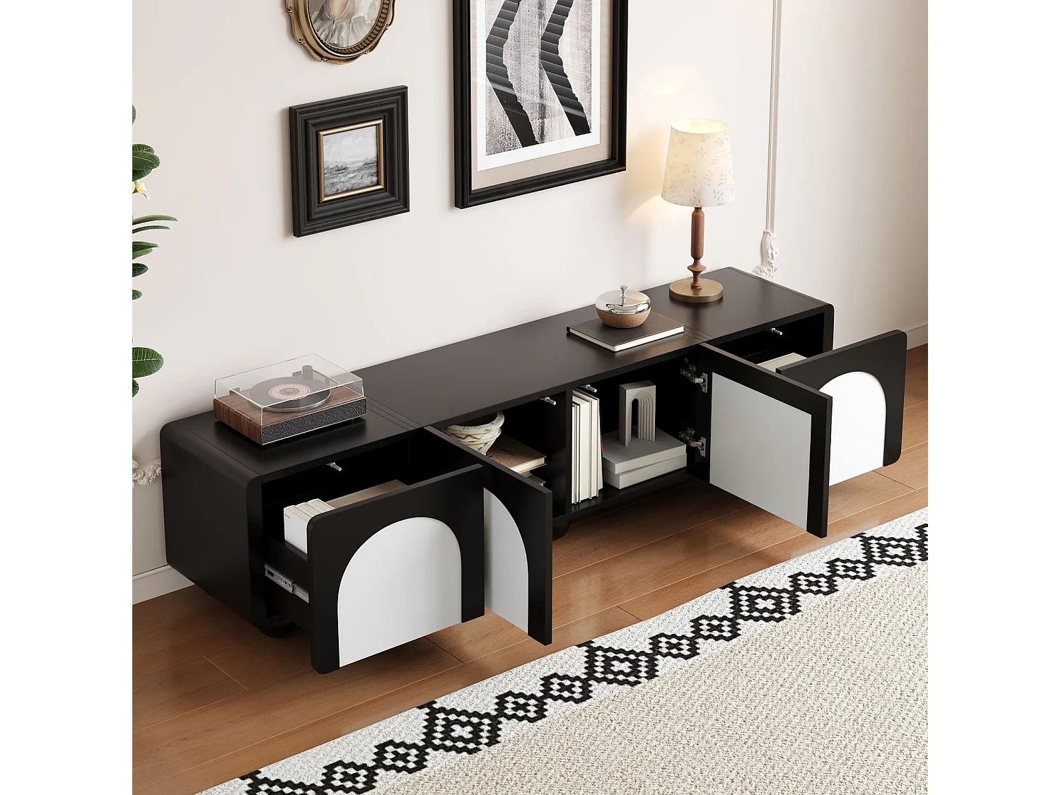 Meuble TV 180 cm noir et blanc, lowboard avec 2 tiroirs et 2 portes, panneau TV et grand rangement