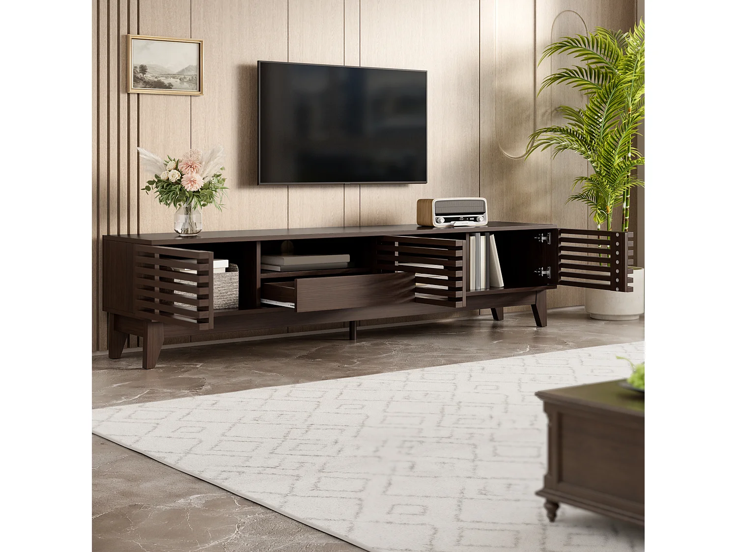 Tv-meubel met één lade en drie deuren, laag tv-meubel, vintage houtkleur, 170 x 35 x 40 cm