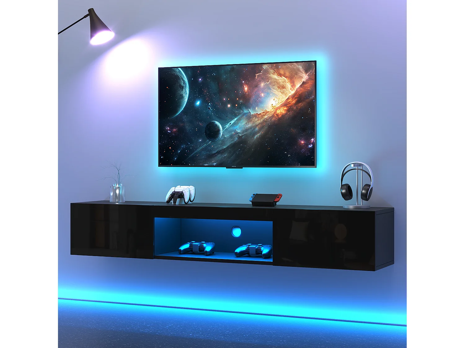 Móvel de parede para TV, 160 × 31 × 22 cm, acabamento em laca preta com iluminação LED, para TVs de até 70".