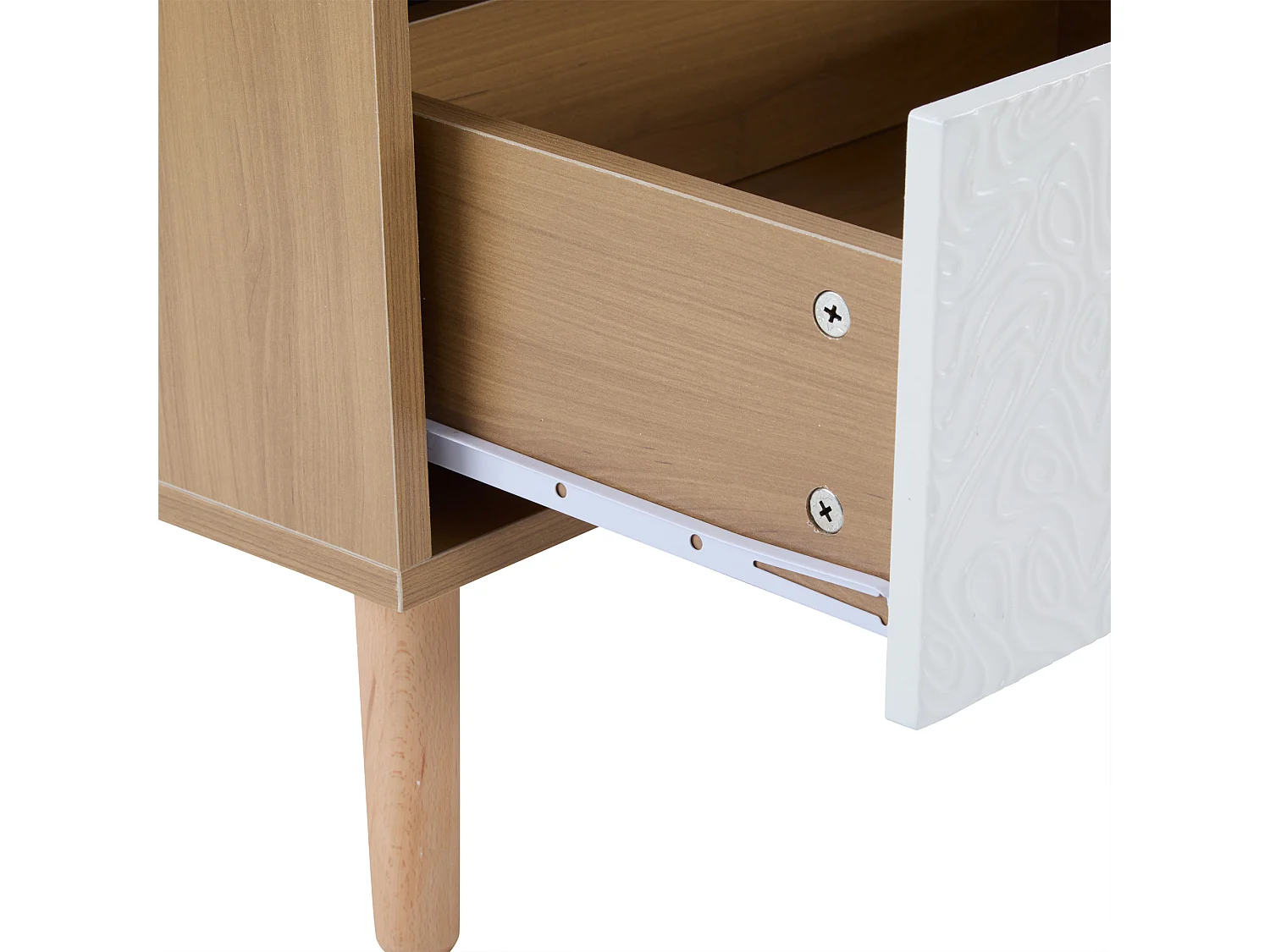 Meuble TV bas vintage en bois - Pour salon, bois clair, revêtement de porte blanc, grain vintage