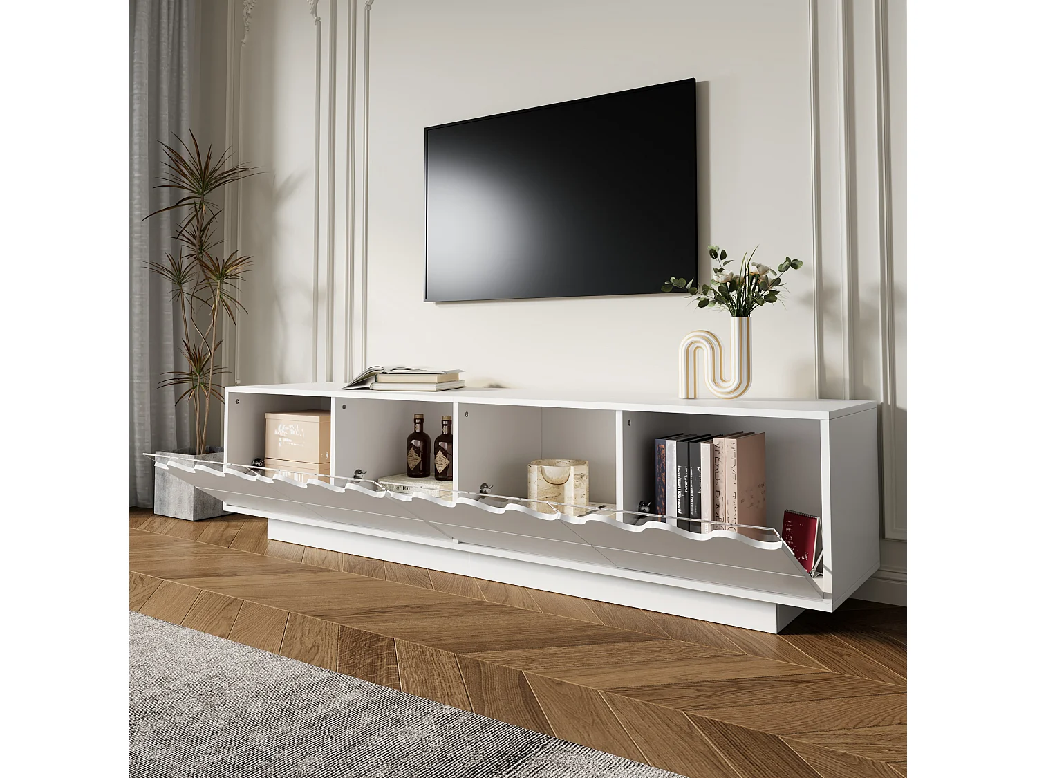 Móvel de TV moderno com 4 portas e design ondulado – espaço de armazenamento para a sala de estar, 170 x 40 x 45 cm