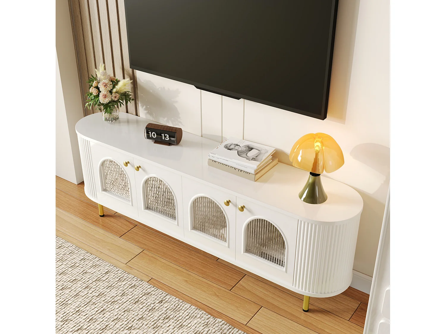 Meuble télé Blanc Meuble de Rangement avec 4 Portes en Verre, avec poignées et Pieds dorés
