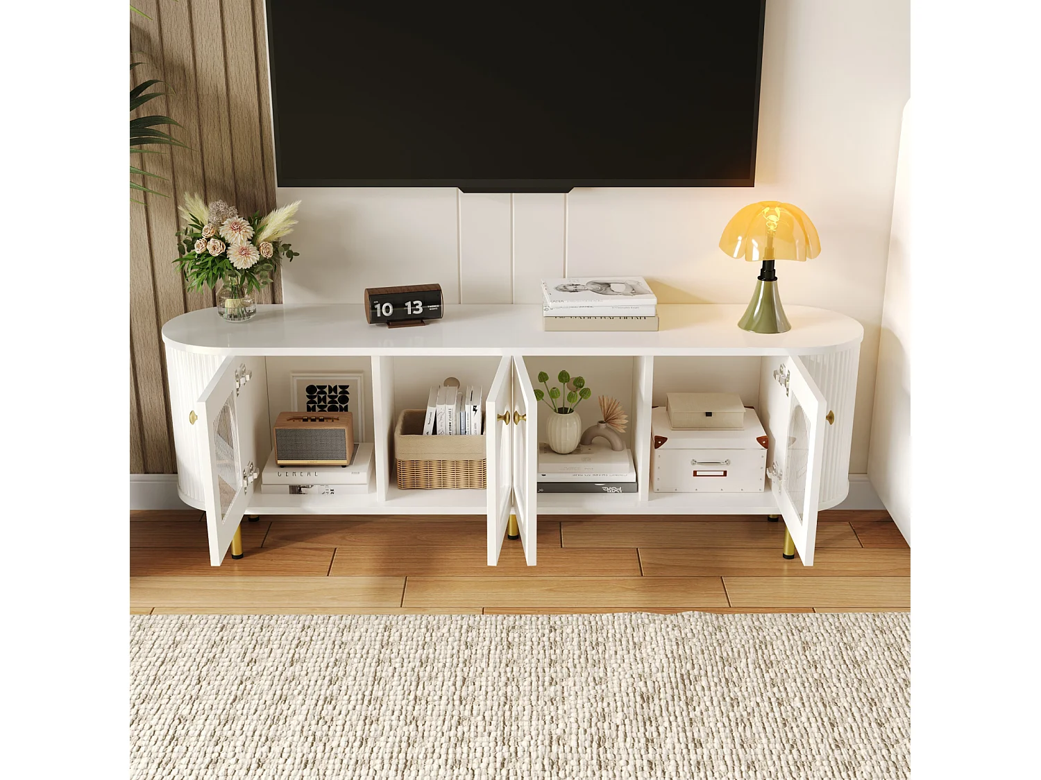 Meuble télé Blanc Meuble de Rangement avec 4 Portes en Verre, avec poignées et Pieds dorés