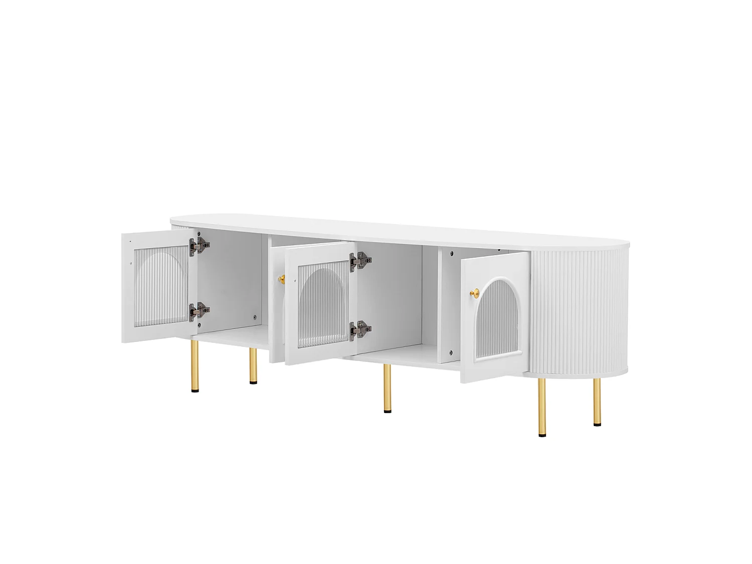 Meuble télé Blanc Meuble de Rangement avec 4 Portes en Verre, avec poignées et Pieds dorés