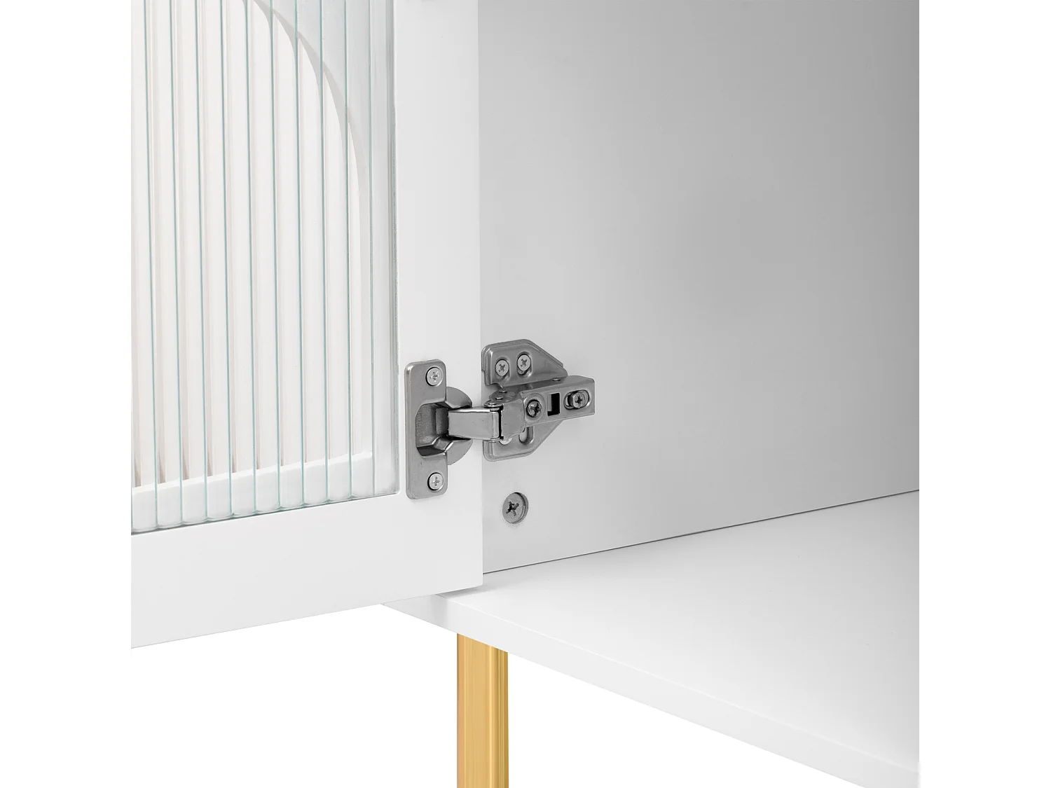 Meuble télé Blanc Meuble de Rangement avec 4 Portes en Verre, avec poignées et Pieds dorés