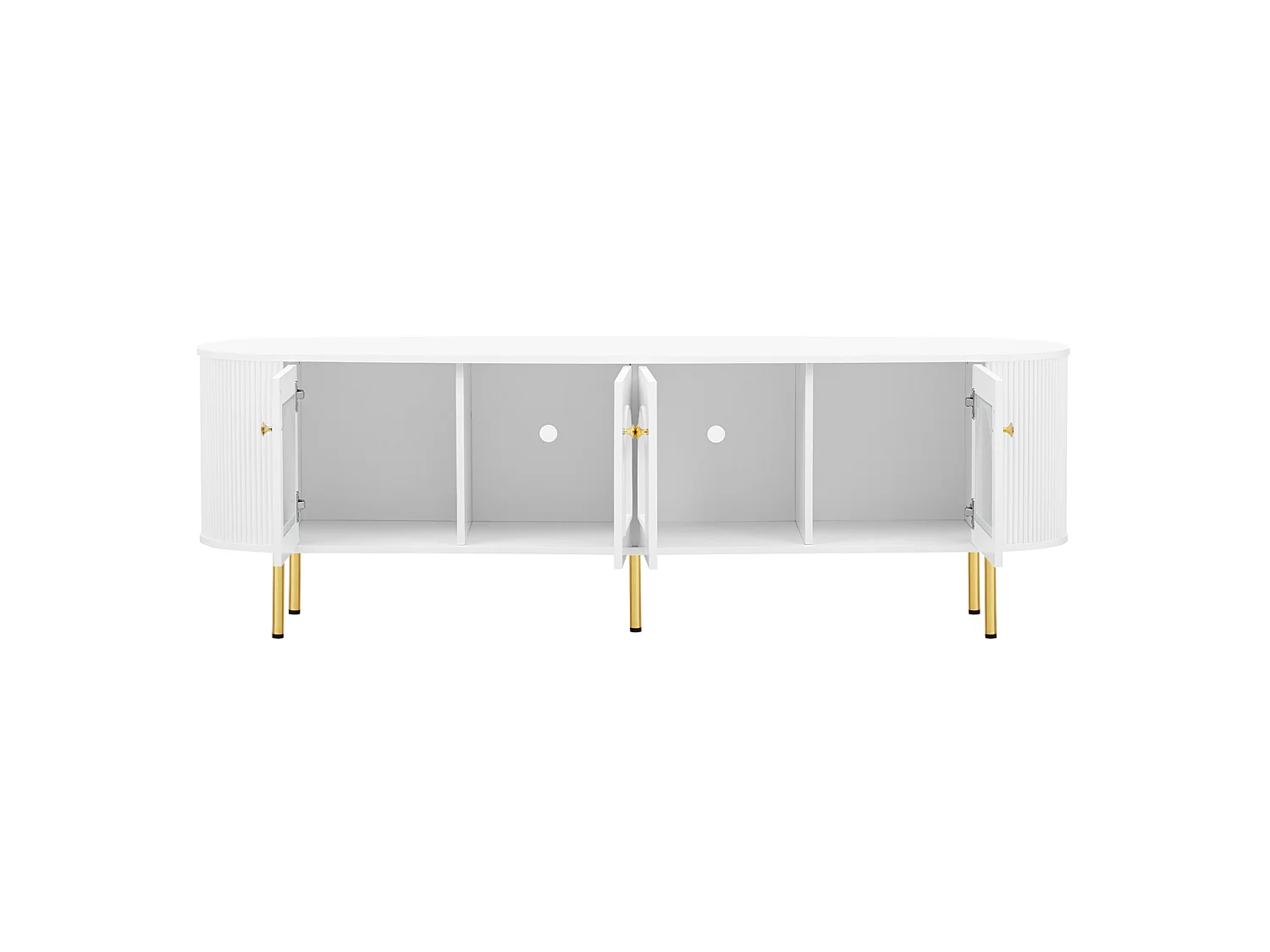 Meuble télé Blanc Meuble de Rangement avec 4 Portes en Verre, avec poignées et Pieds dorés