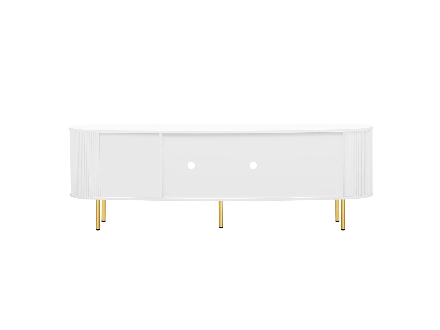 Meuble télé Blanc Meuble de Rangement avec 4 Portes en Verre, avec poignées et Pieds dorés