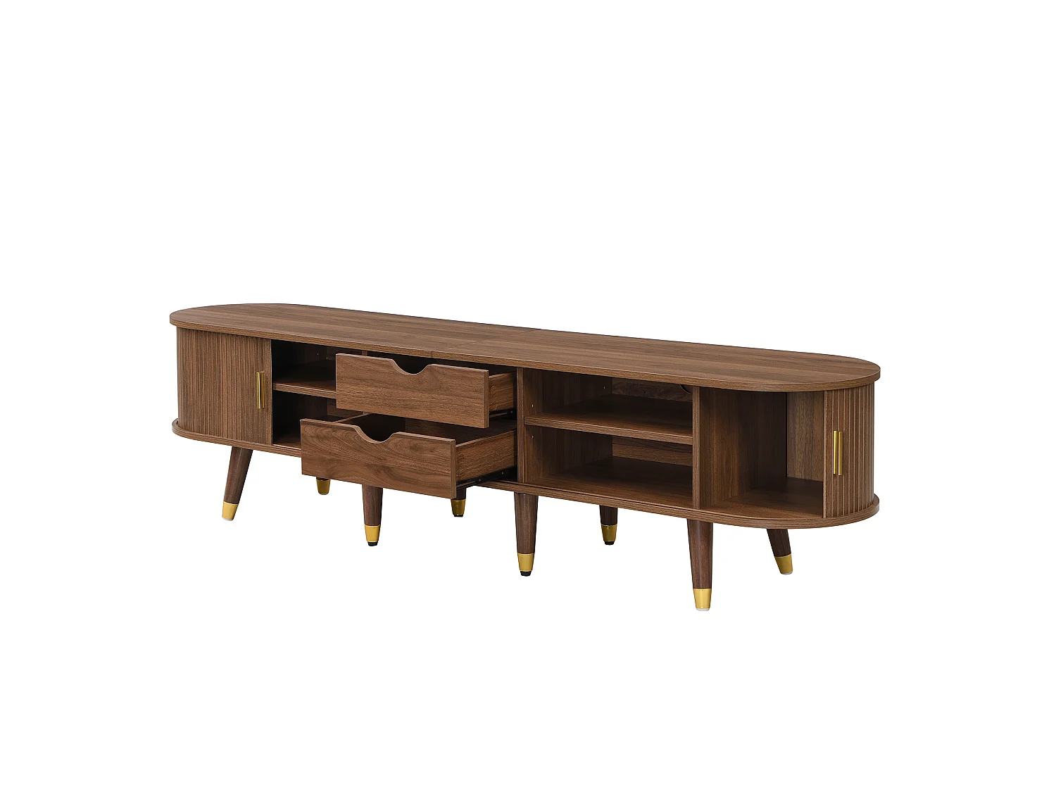 Mueble de TV ovalado en nogal oscuro, 2 puertas y 2 cajones deslizantes, L175 cm