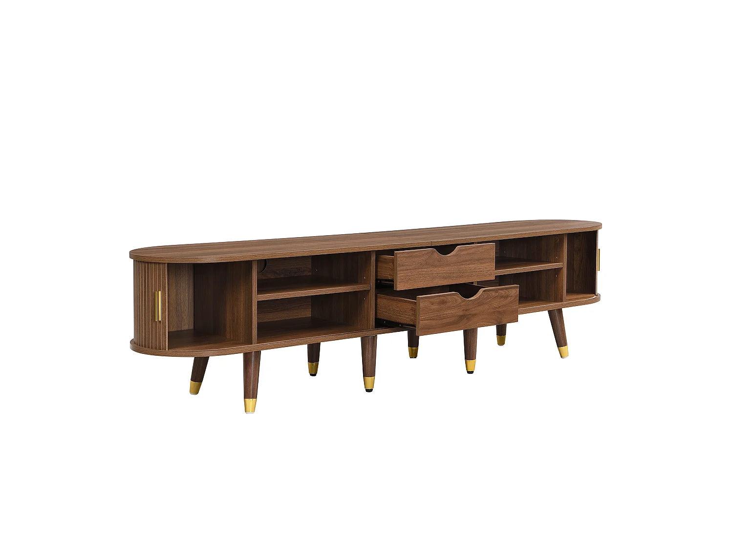 Mueble de TV ovalado en nogal oscuro, 2 puertas y 2 cajones deslizantes, L175 cm