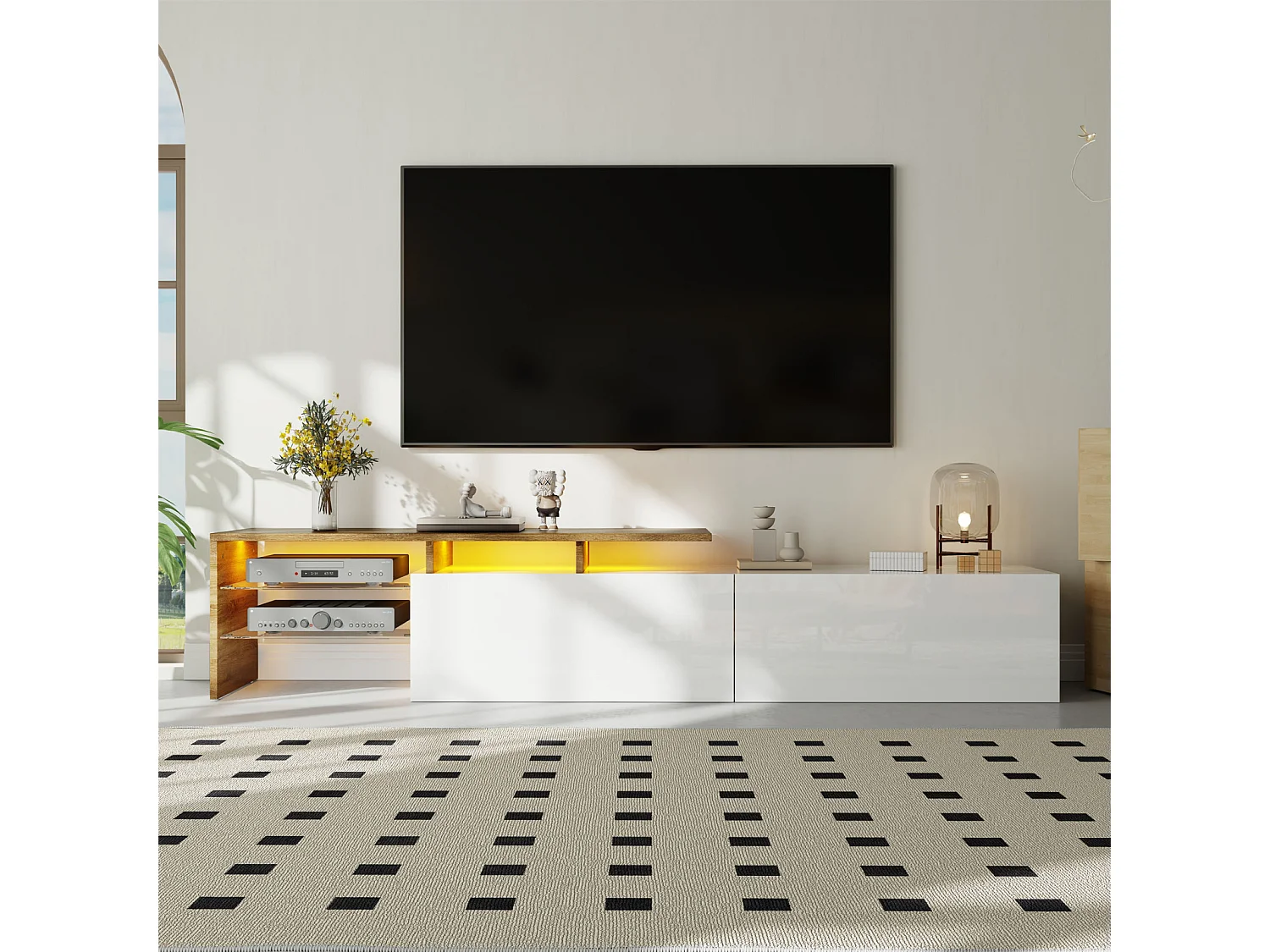 Móvel de TV moderno com iluminação LED, cômoda com espaço para armazenamento, prateleiras de vidro, 170x33x33,5cm, Branco