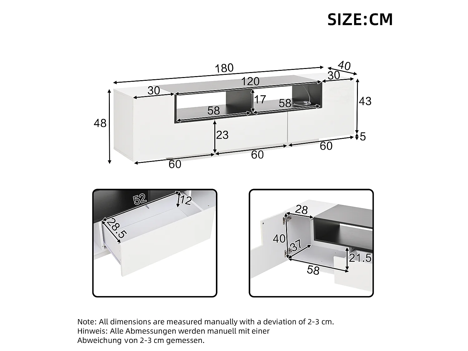 Lage tv-standaard op poten, 180 x 40 x 48 cm, met opberglades, wit