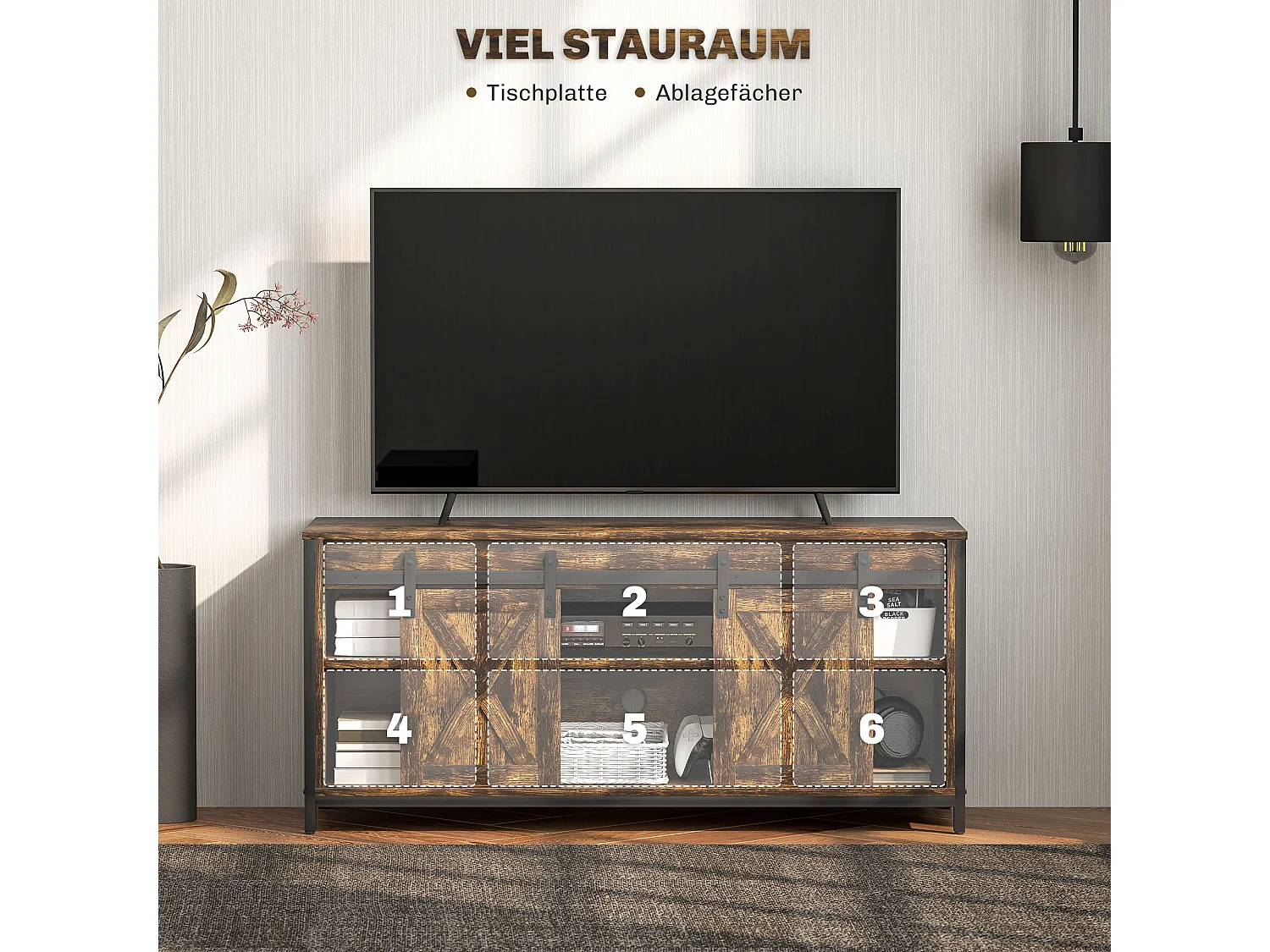 Mueble TV estilo industrial con 2 puertas correderas y estantes regulables, color marrón.