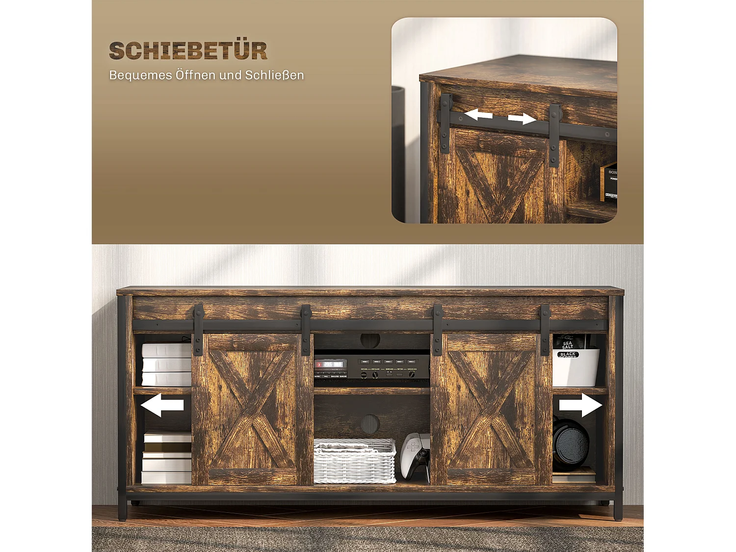Mueble TV estilo industrial con 2 puertas correderas y estantes regulables, color marrón.