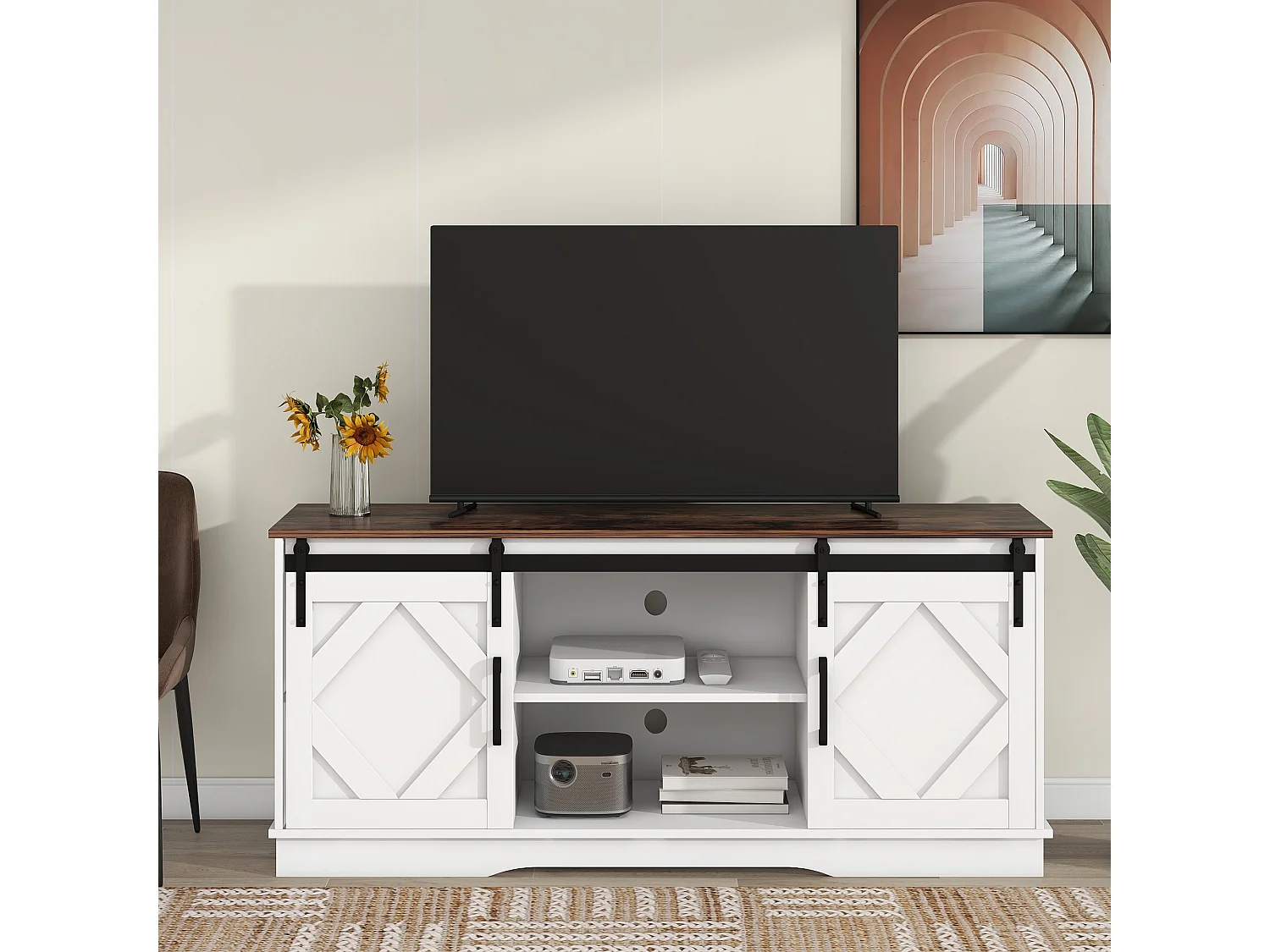 Meuble TV, avec portes coulissantes classiques, pour salon et salle à manger,150 x 40 x 60 cm, blanc