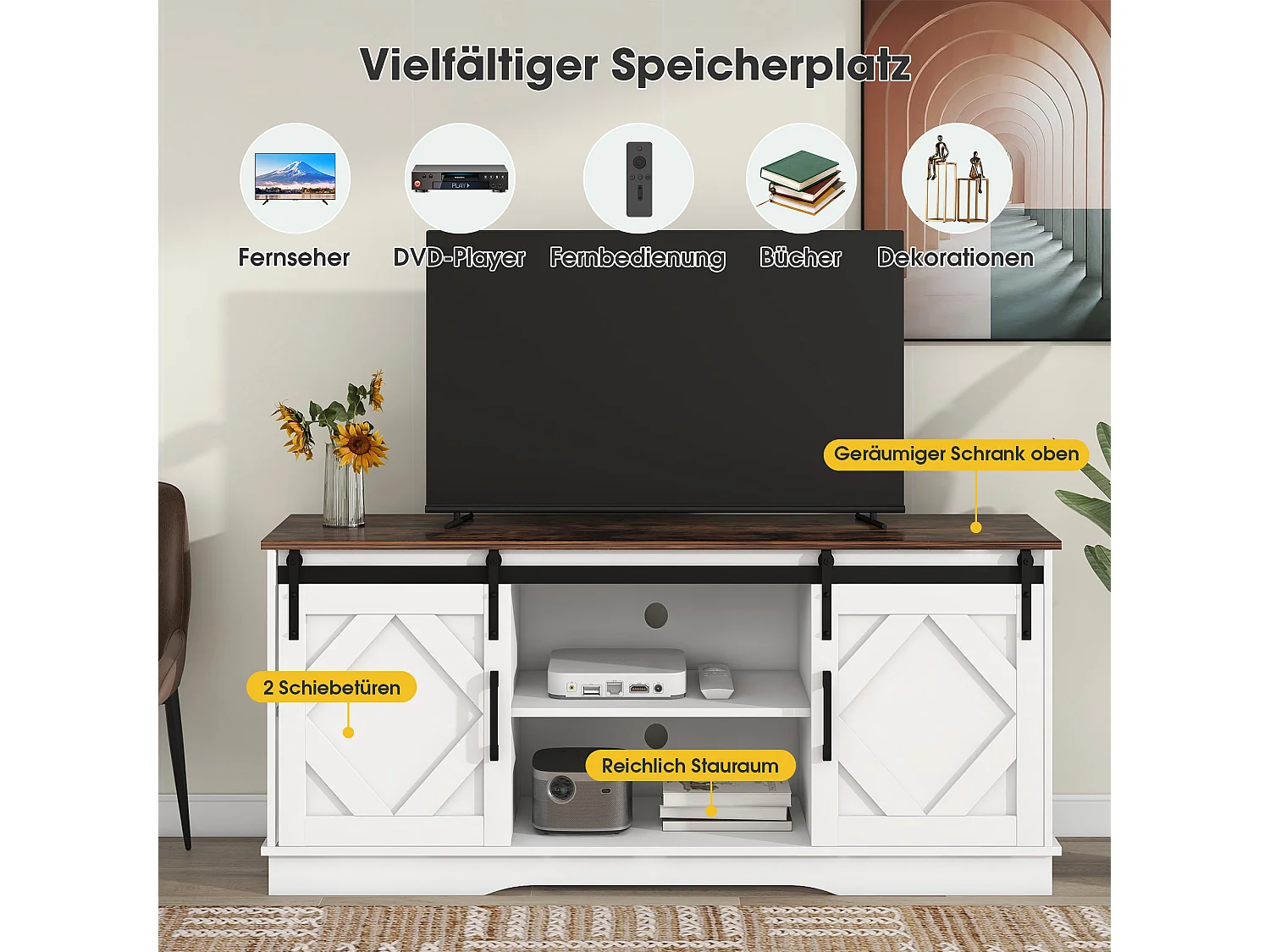 Meuble TV, avec portes coulissantes classiques, pour salon et salle à manger,150 x 40 x 60 cm, blanc