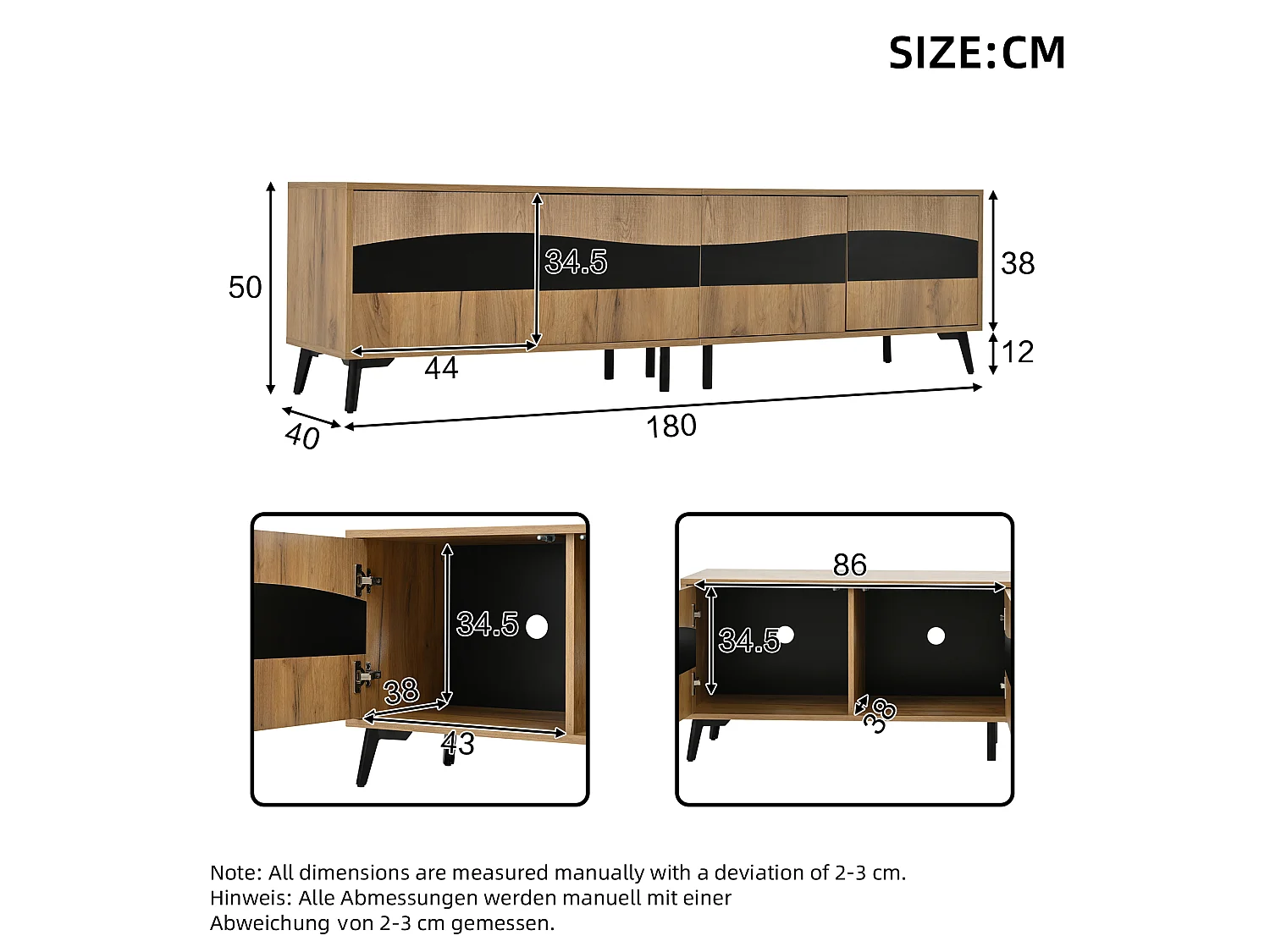 TV-meubel 180 x 40 x 50 cm, hout met zwarte afwerking, met 4 kastjes en 8 steunpoten.