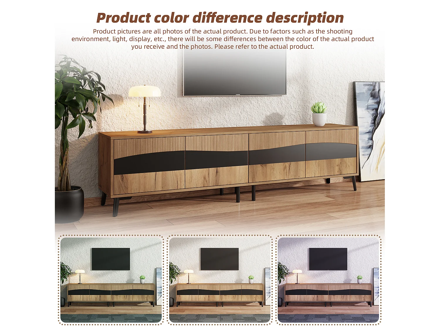 TV-meubel 180 x 40 x 50 cm, hout met zwarte afwerking, met 4 kastjes en 8 steunpoten.